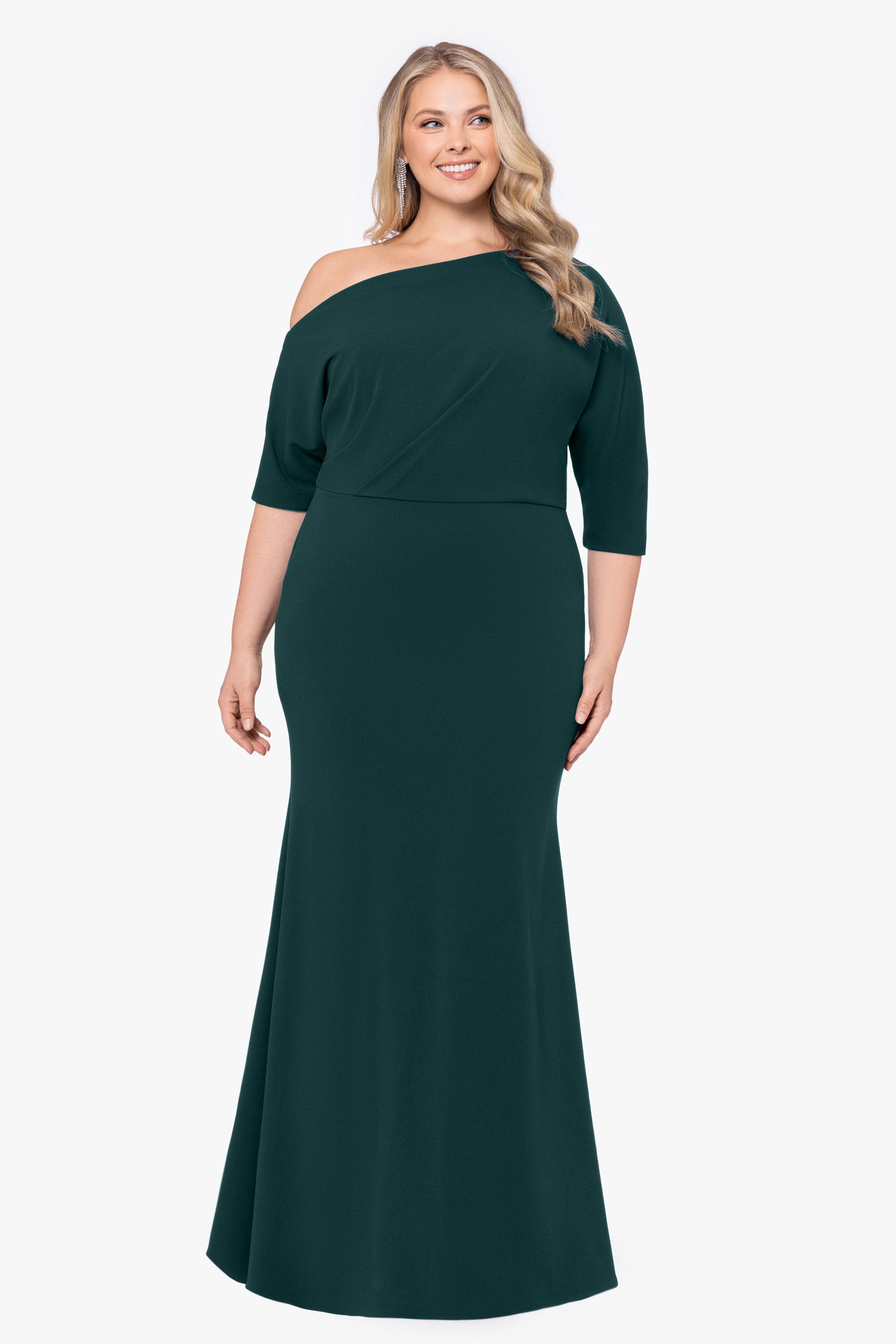 Plus “Madeline” Scuba Crepe Off The Shoulder Dress