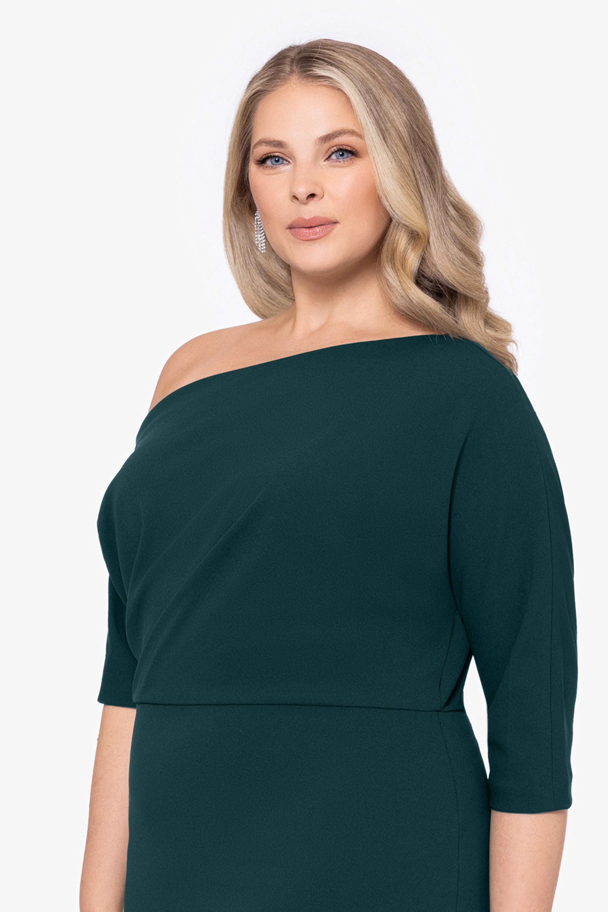 Plus “Madeline” Scuba Crepe Off The Shoulder Dress