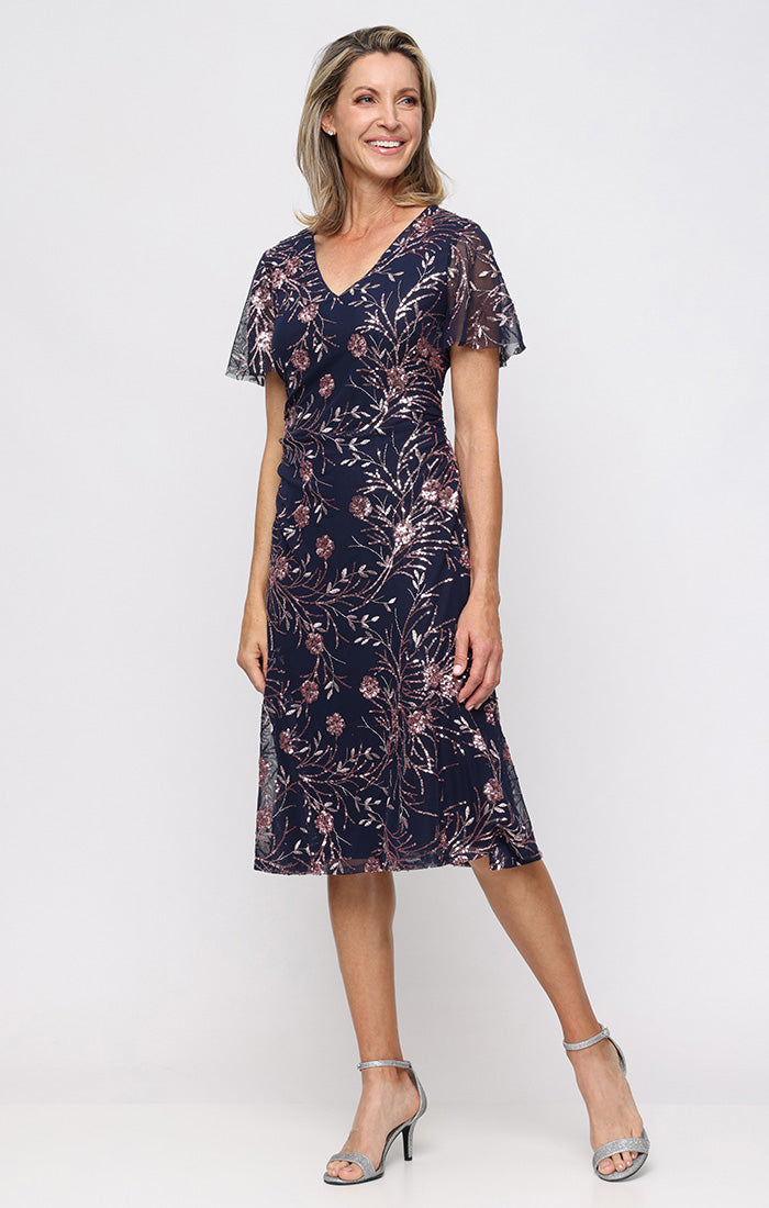 Petite Tea-Length Sequin Dress with V-Neck and Illusion Flutter Sleeves