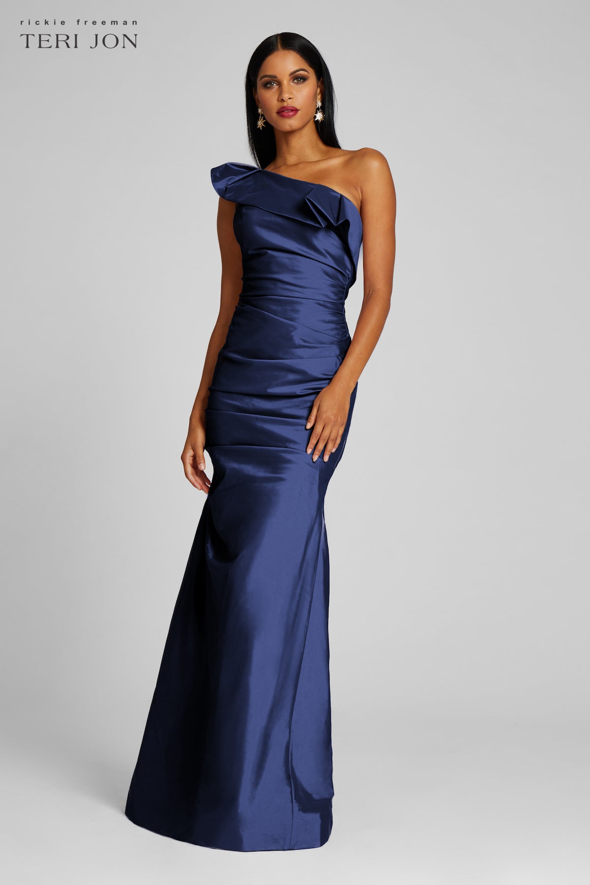 One Shoulder Pleat Draped Stretch Taffeta Gown