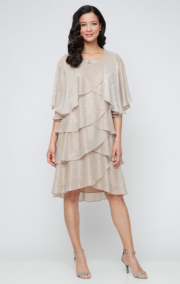 Short Artichoke Tiered Jacket Dress with Embellishment Detail at Neckline