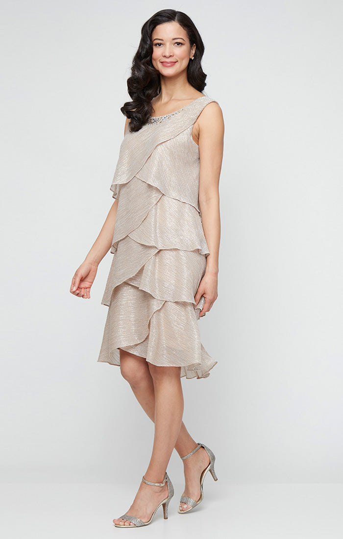 Short Artichoke Tiered Jacket Dress with Embellishment Detail at Neckline