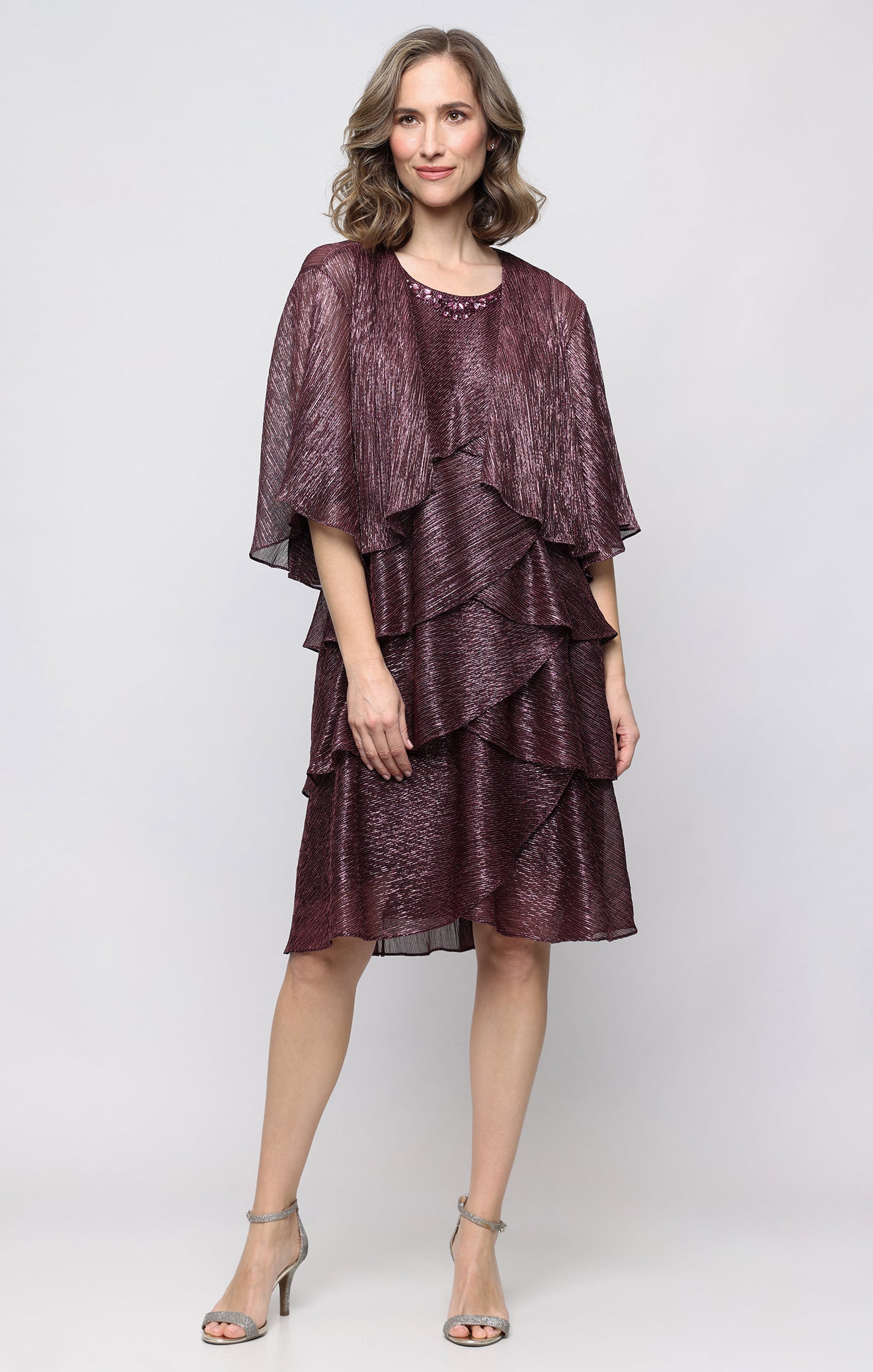Short Artichoke Tiered Jacket Dress with Embellishment Detail at Neckline
