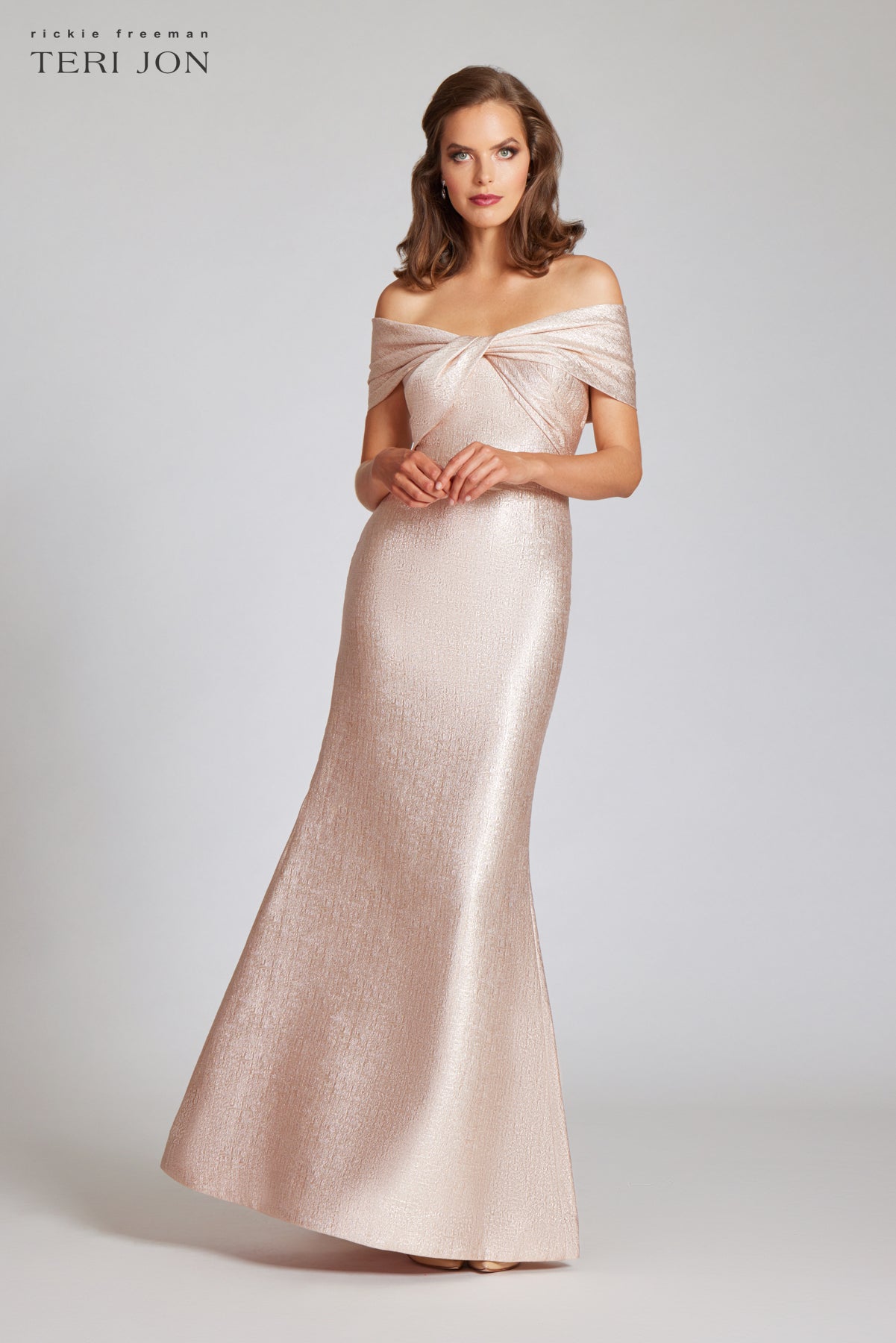 Metallic Jacquard Twist Bodice Off The Shoulder Gown