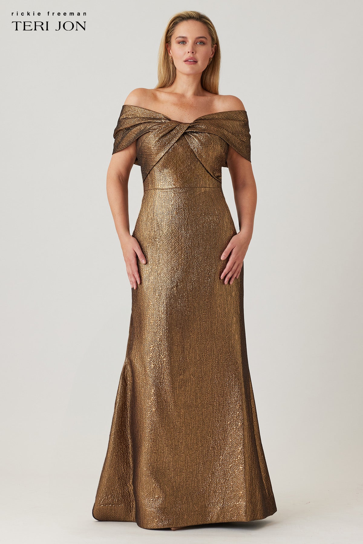 Metallic Jacquard Twist Bodice Off The Shoulder Gown