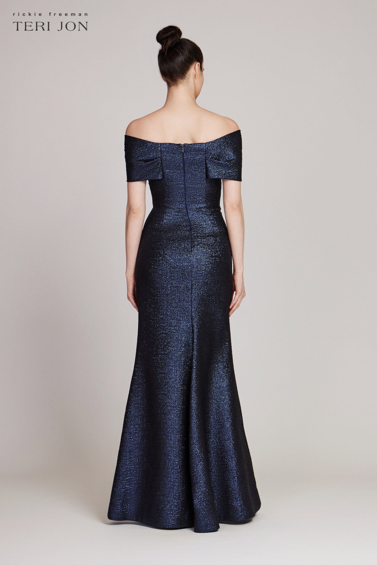 Metallic Jacquard Twist Bodice Off The Shoulder Gown