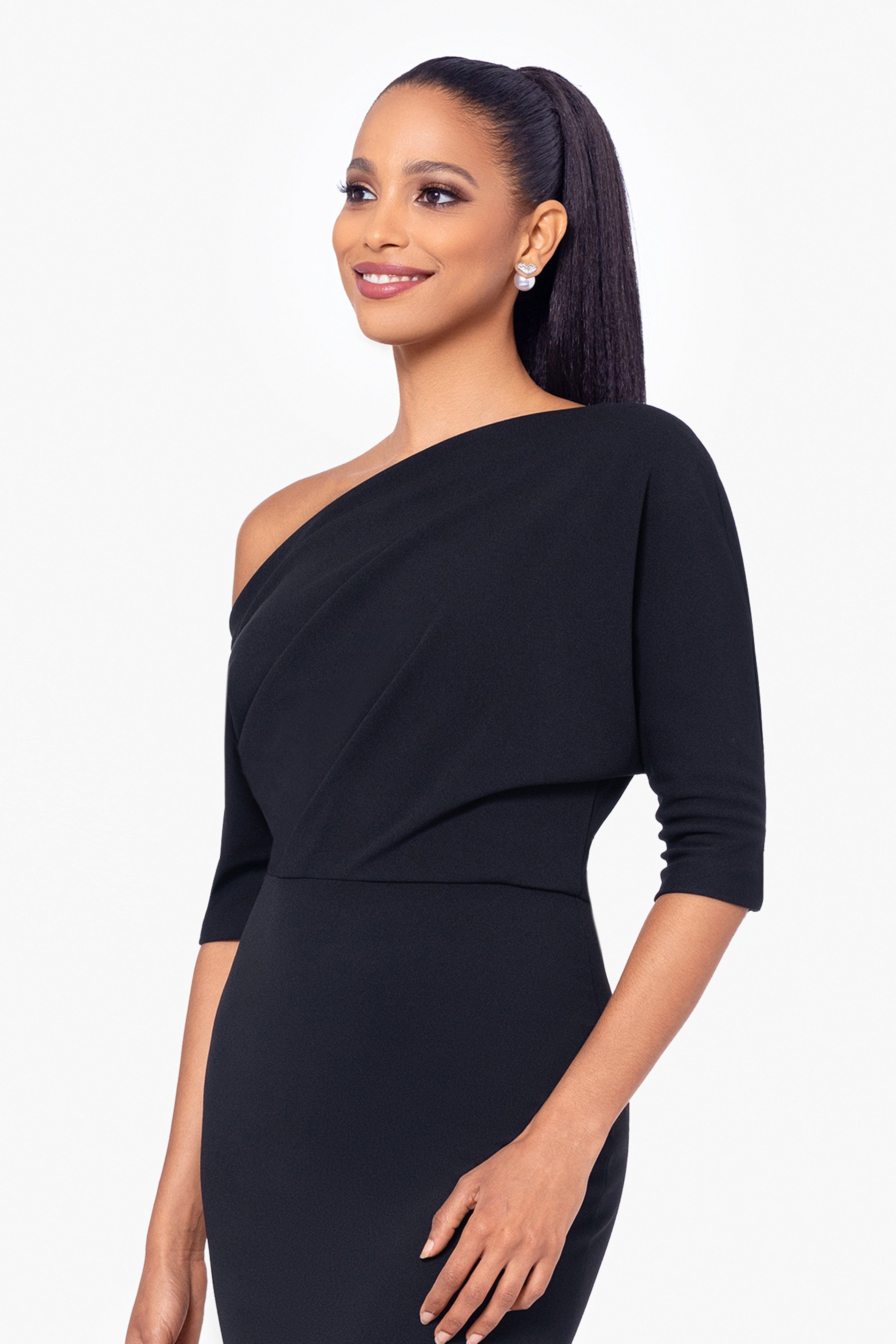 “Madeline” Scuba Crepe Off The Shoulder Dress
