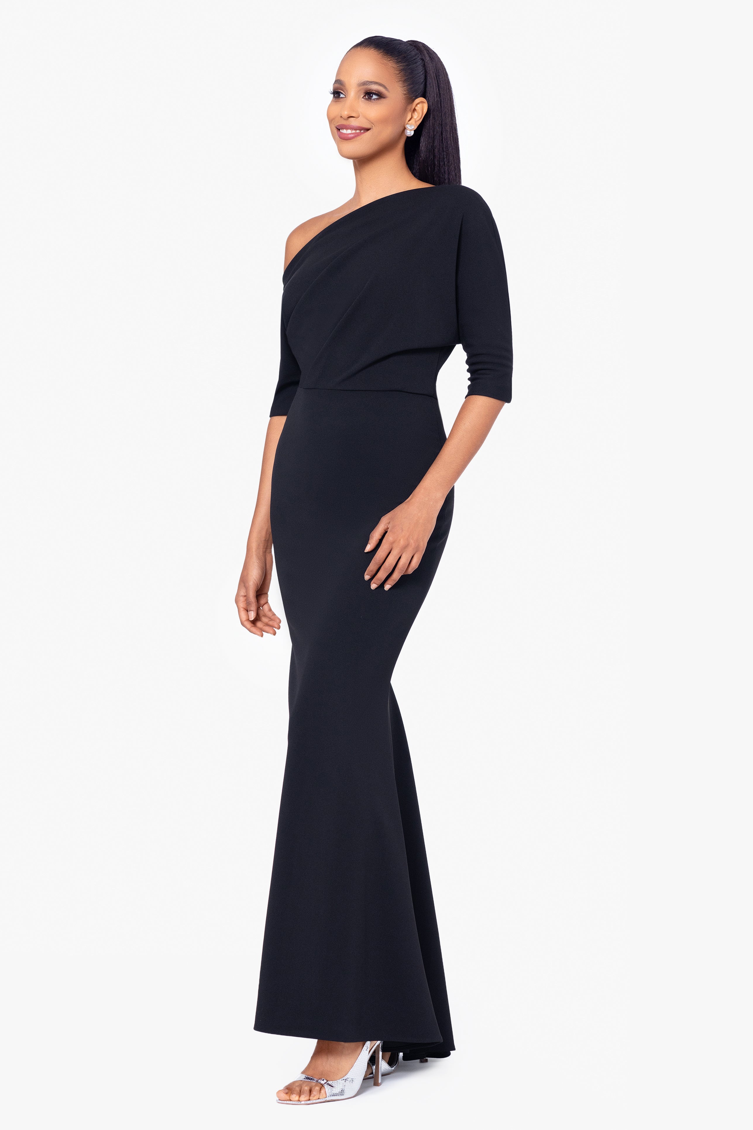“Madeline” Scuba Crepe Off The Shoulder Dress