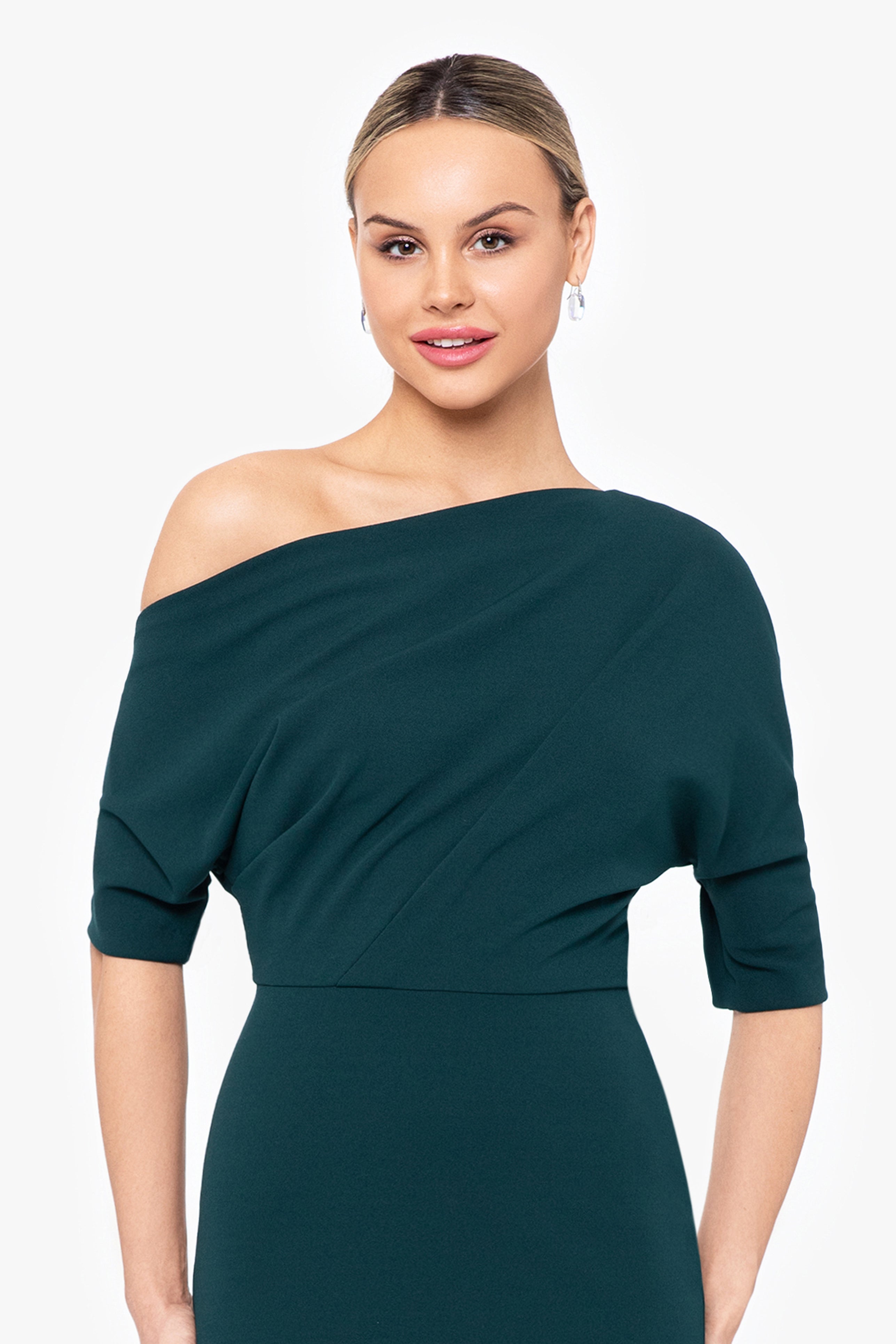 “Madeline” Scuba Crepe Off The Shoulder Dress