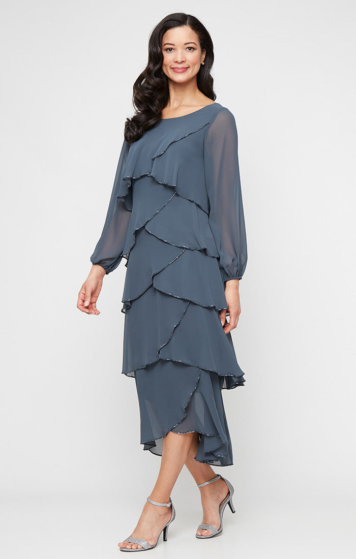 Tea Length Tiered Dress with Bugle Beads