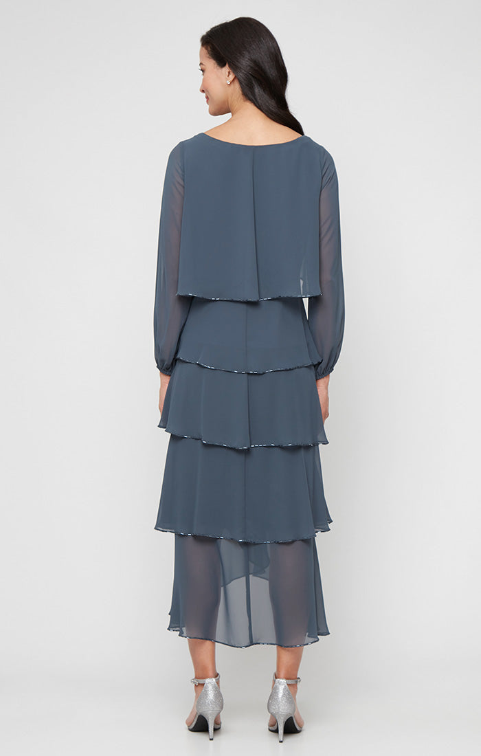 Tea Length Tiered Dress with Bugle Beads