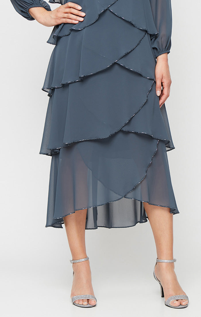 Tea Length Tiered Dress with Bugle Beads