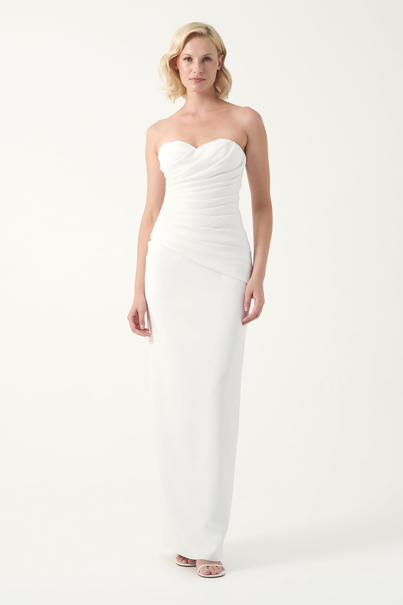 Strapless sweetheart necklace draped long gown