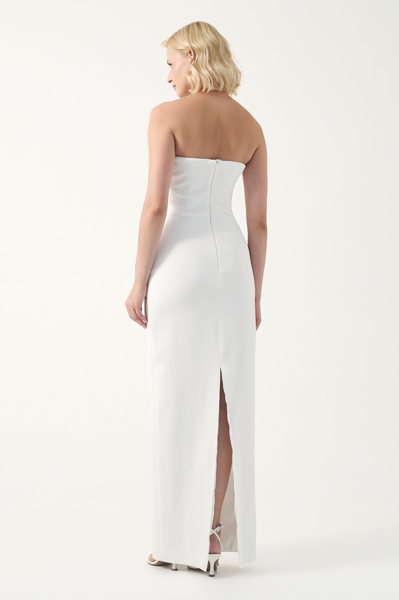 Strapless sweetheart necklace draped long gown