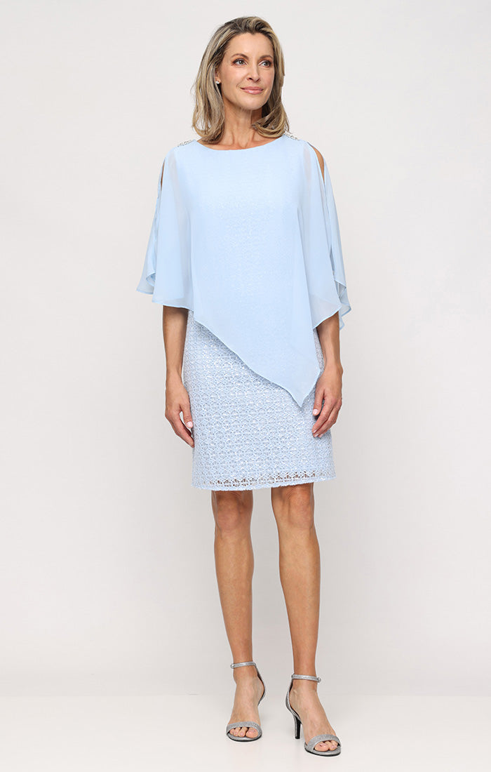 Petite Short Crochet Lace Sheath Dress with Chiffon Asymmetric Overlay