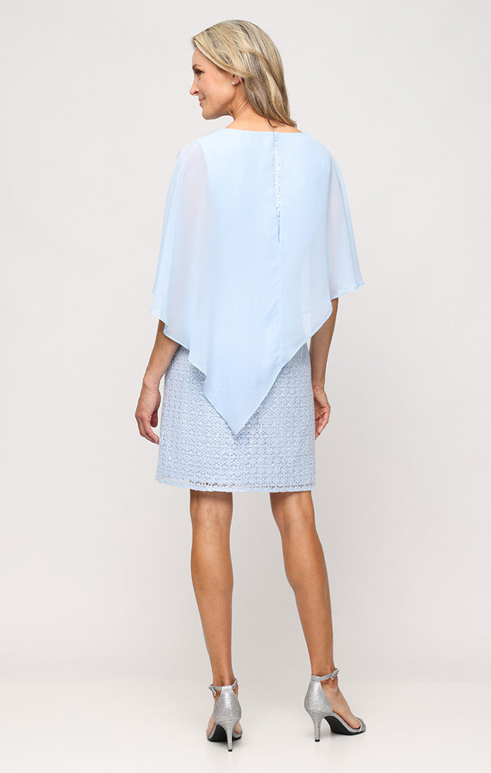 Petite Short Crochet Lace Sheath Dress with Chiffon Asymmetric Overlay