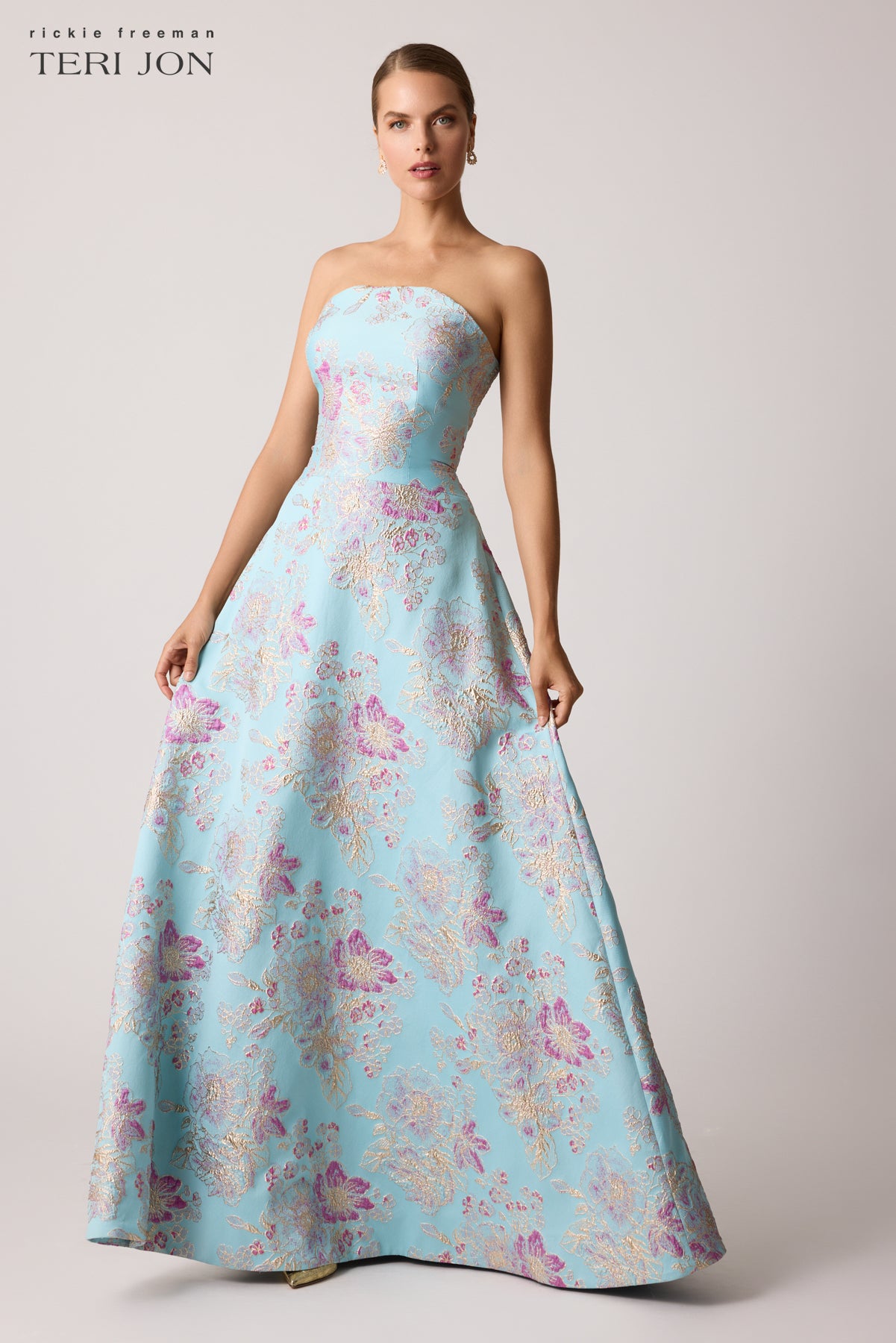 Sleeveless Metallic Multi Jacquard Gown