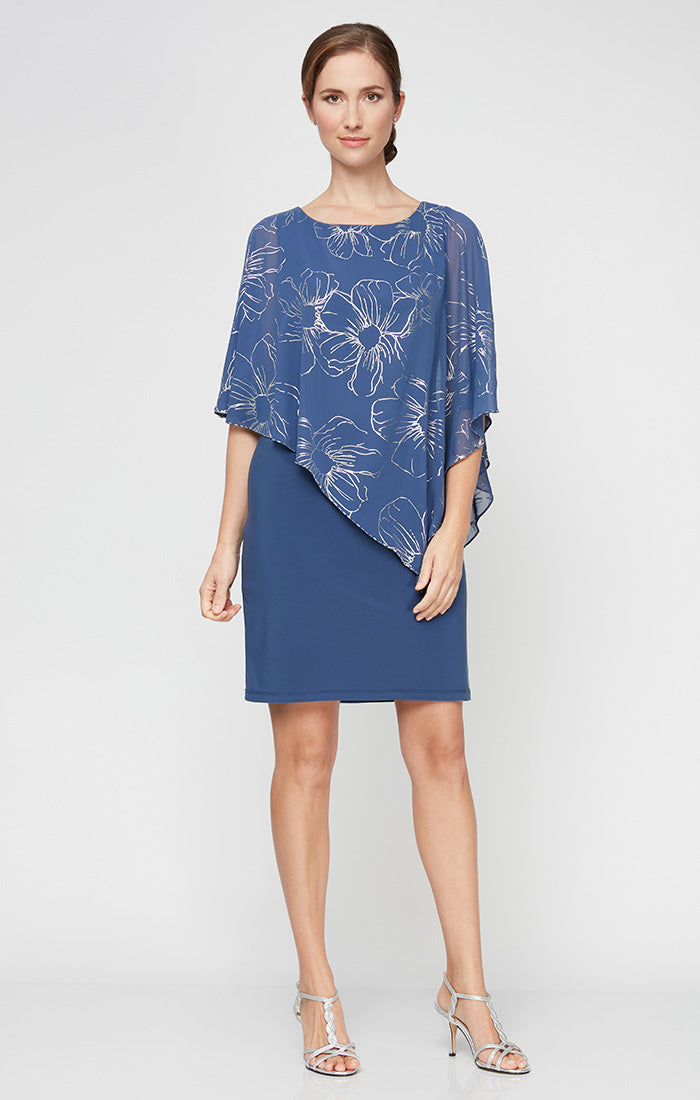 Jersey Sheath Dress with Floral Chiffon Overlay with Beaded Trim