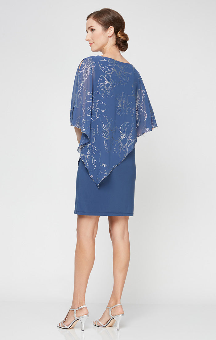 Jersey Sheath Dress with Floral Chiffon Overlay with Beaded Trim