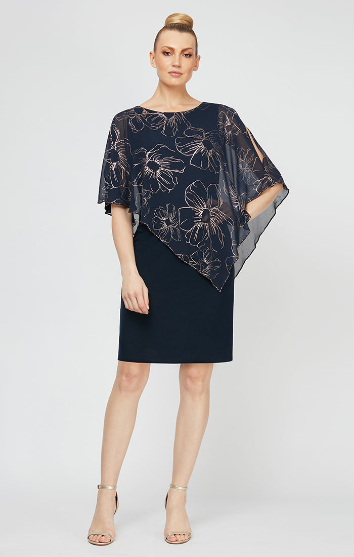 Jersey Sheath Dress with Floral Chiffon Overlay with Beaded Trim