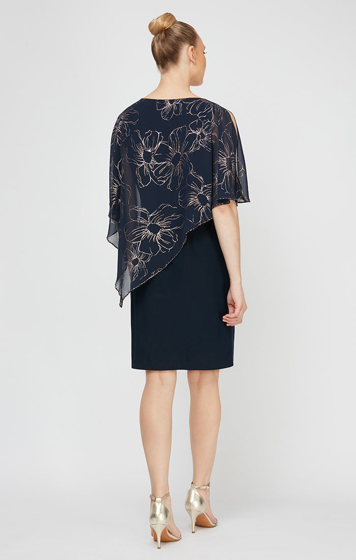 Jersey Sheath Dress with Floral Chiffon Overlay with Beaded Trim