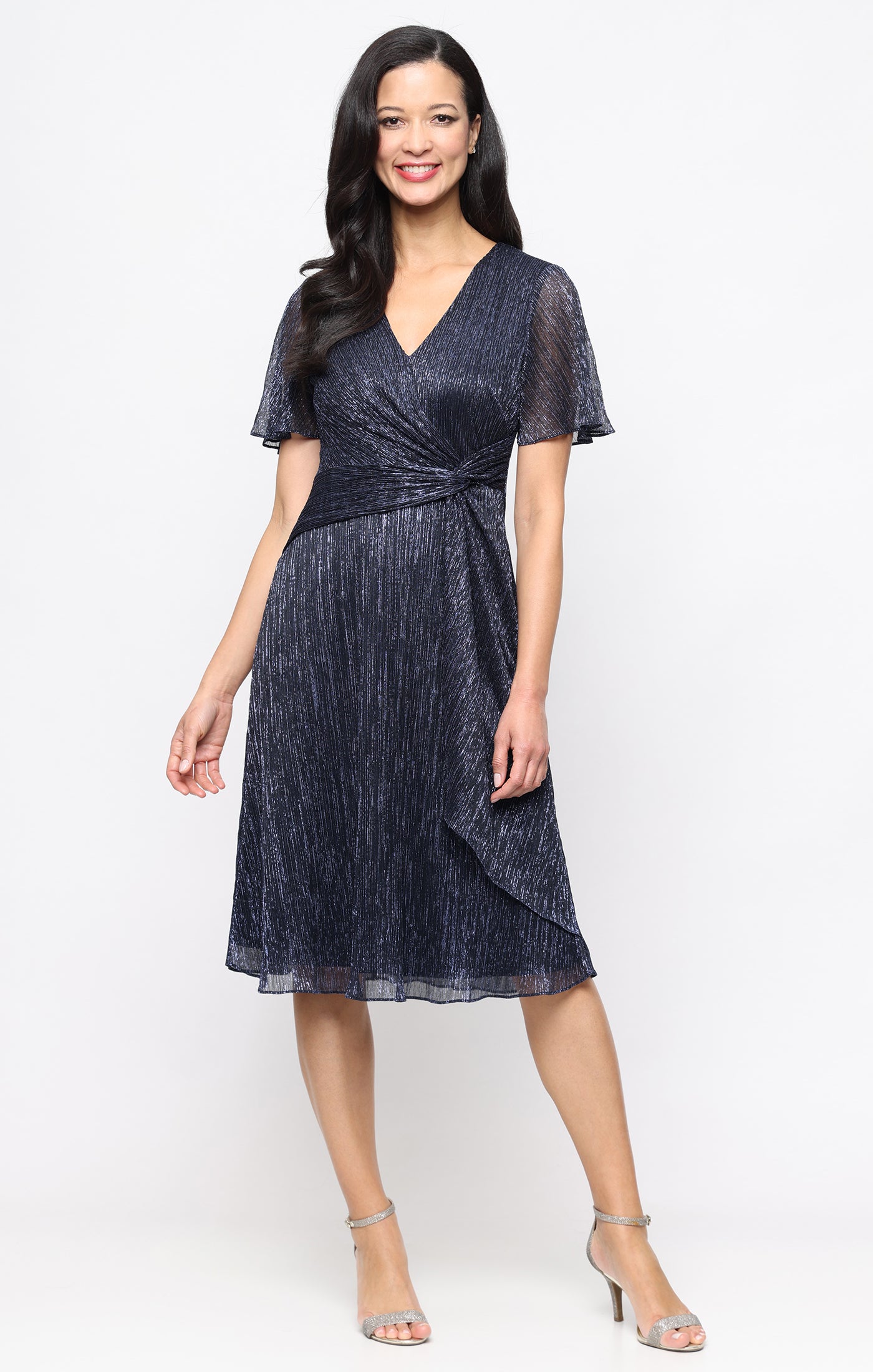 Bodre Dress with Flutter Sleeves and Twist Cascade Detail at Waist