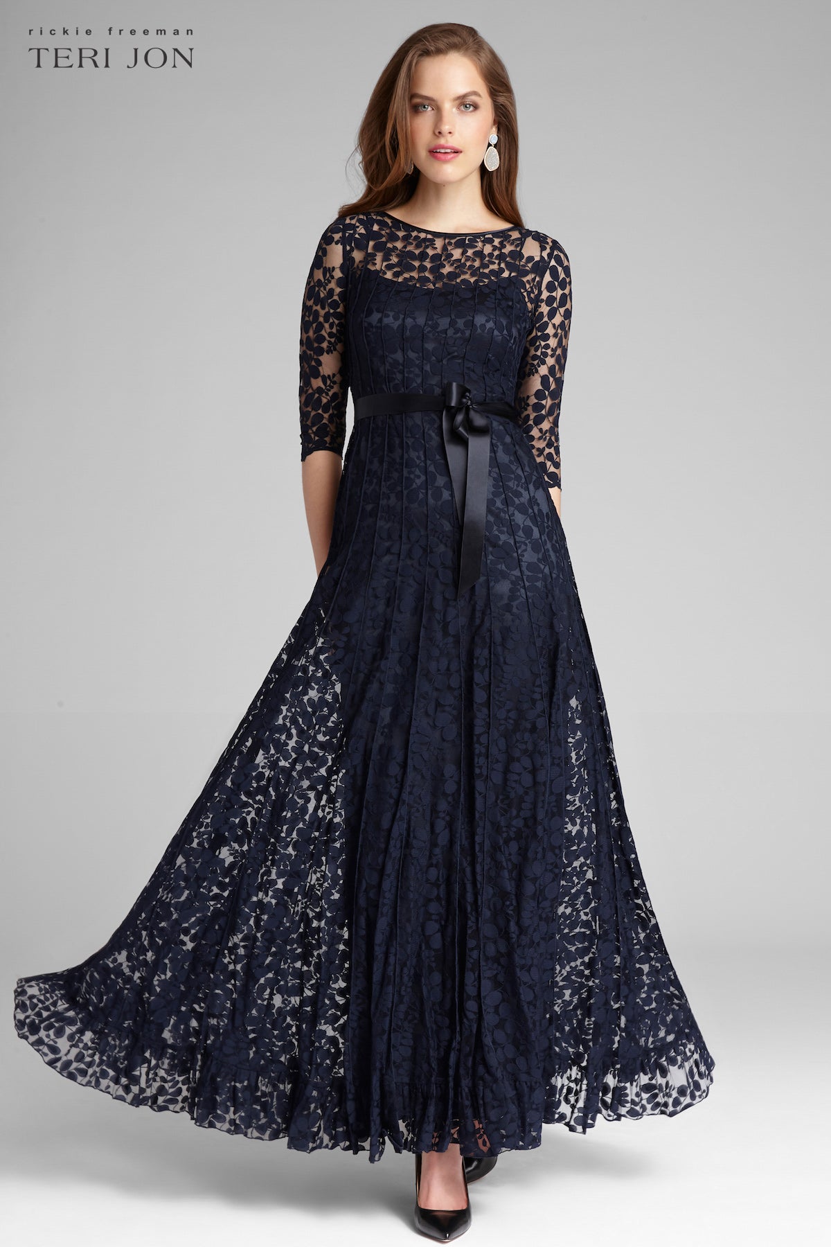 3/4 Sleeve Lace Illusion Gown with Bow