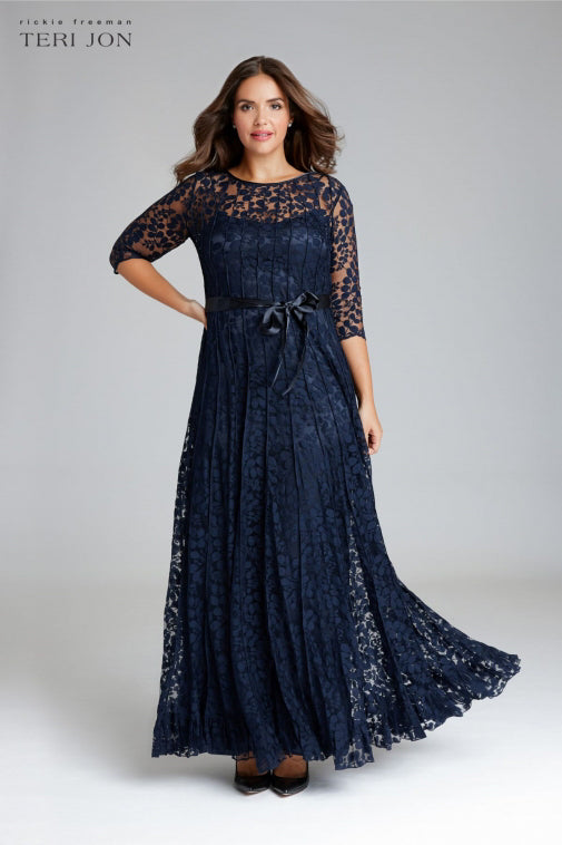 3/4 Sleeve Lace Illusion Gown with Bow