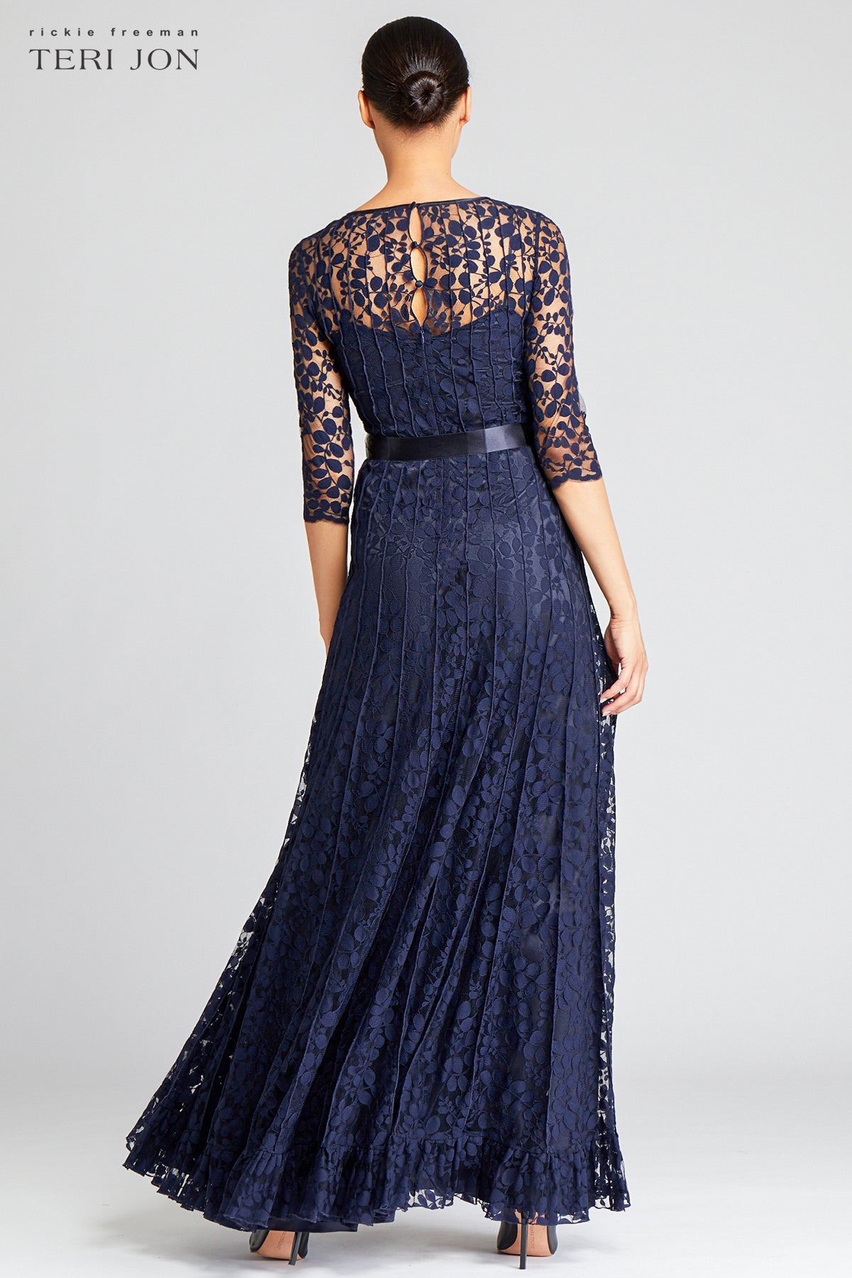 3/4 Sleeve Lace Illusion Gown with Bow
