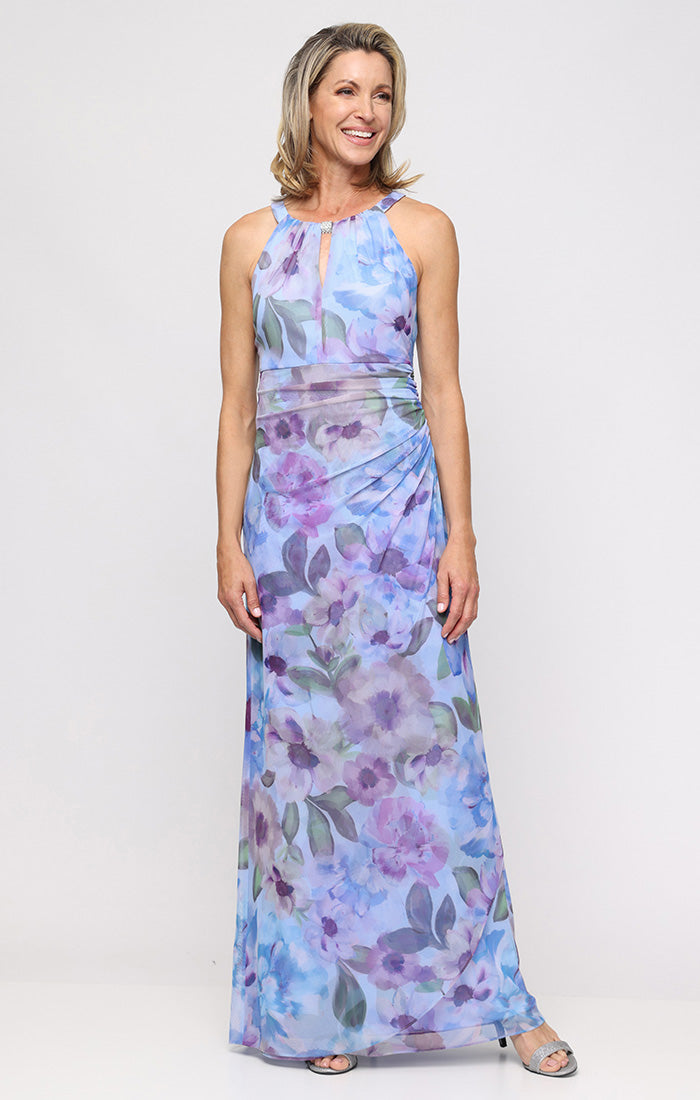 Long Printed Mesh Cutout Halter Neck Dress with Embellishment Detail at Neckline and Ruched Waist Detail