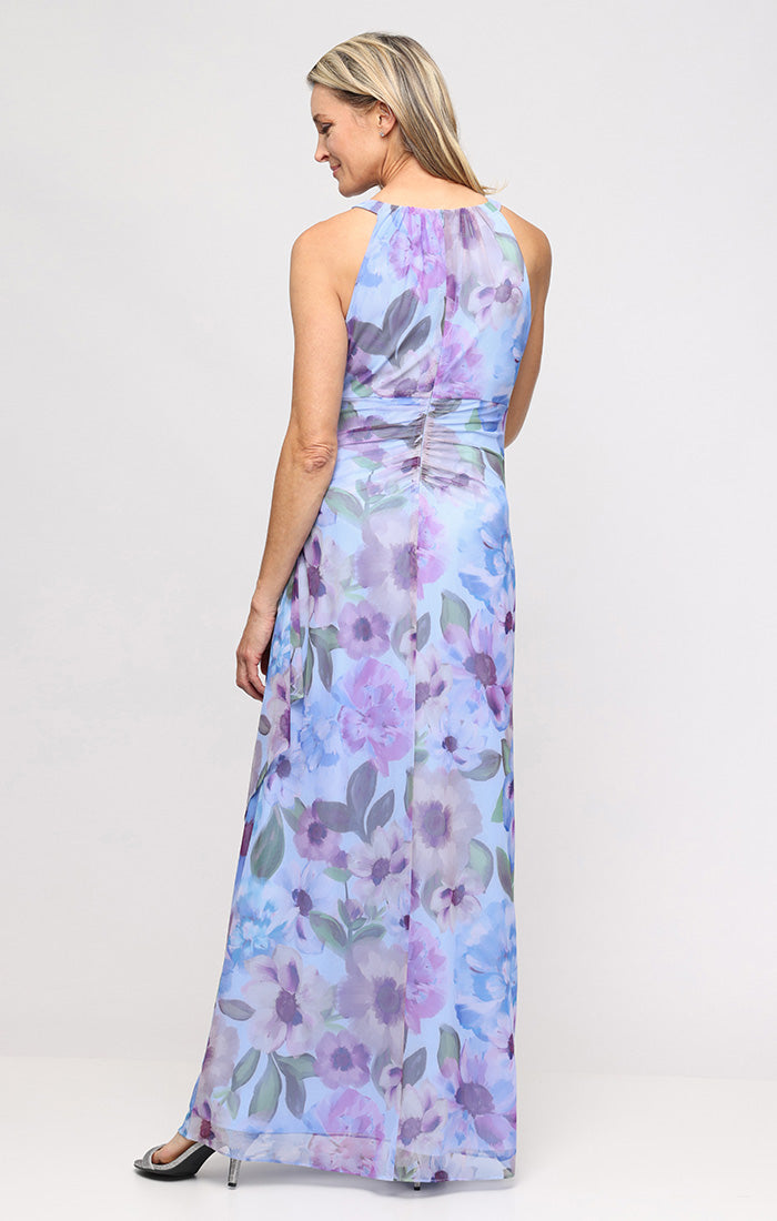 Long Printed Mesh Cutout Halter Neck Dress with Embellishment Detail at Neckline and Ruched Waist Detail