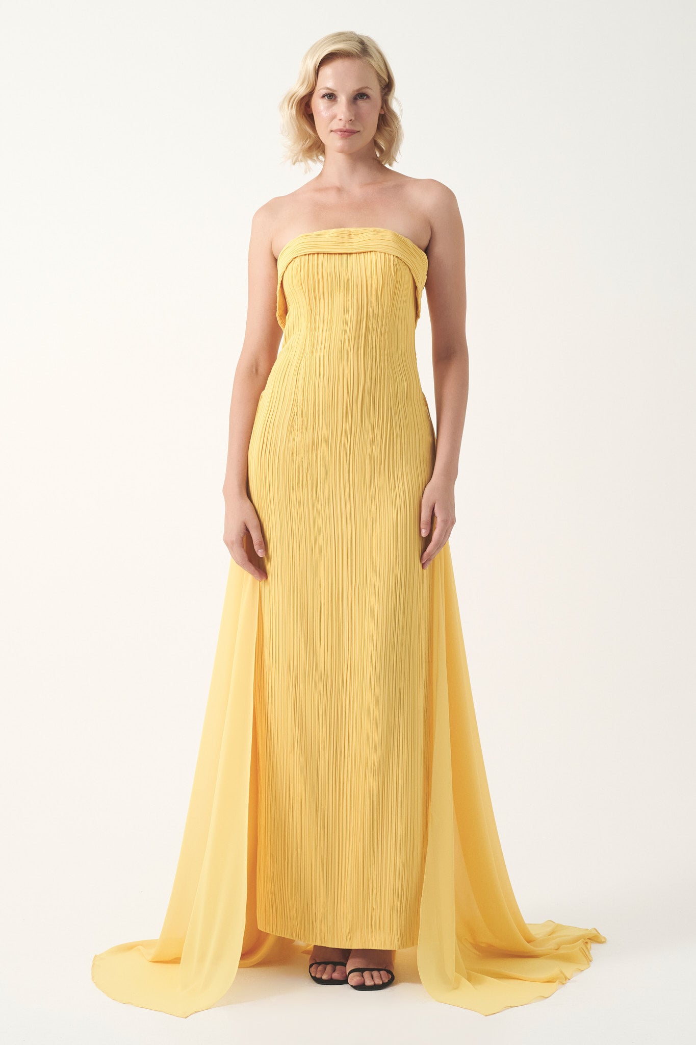 Folded neckline pleated strapless With Train From Waist long dress