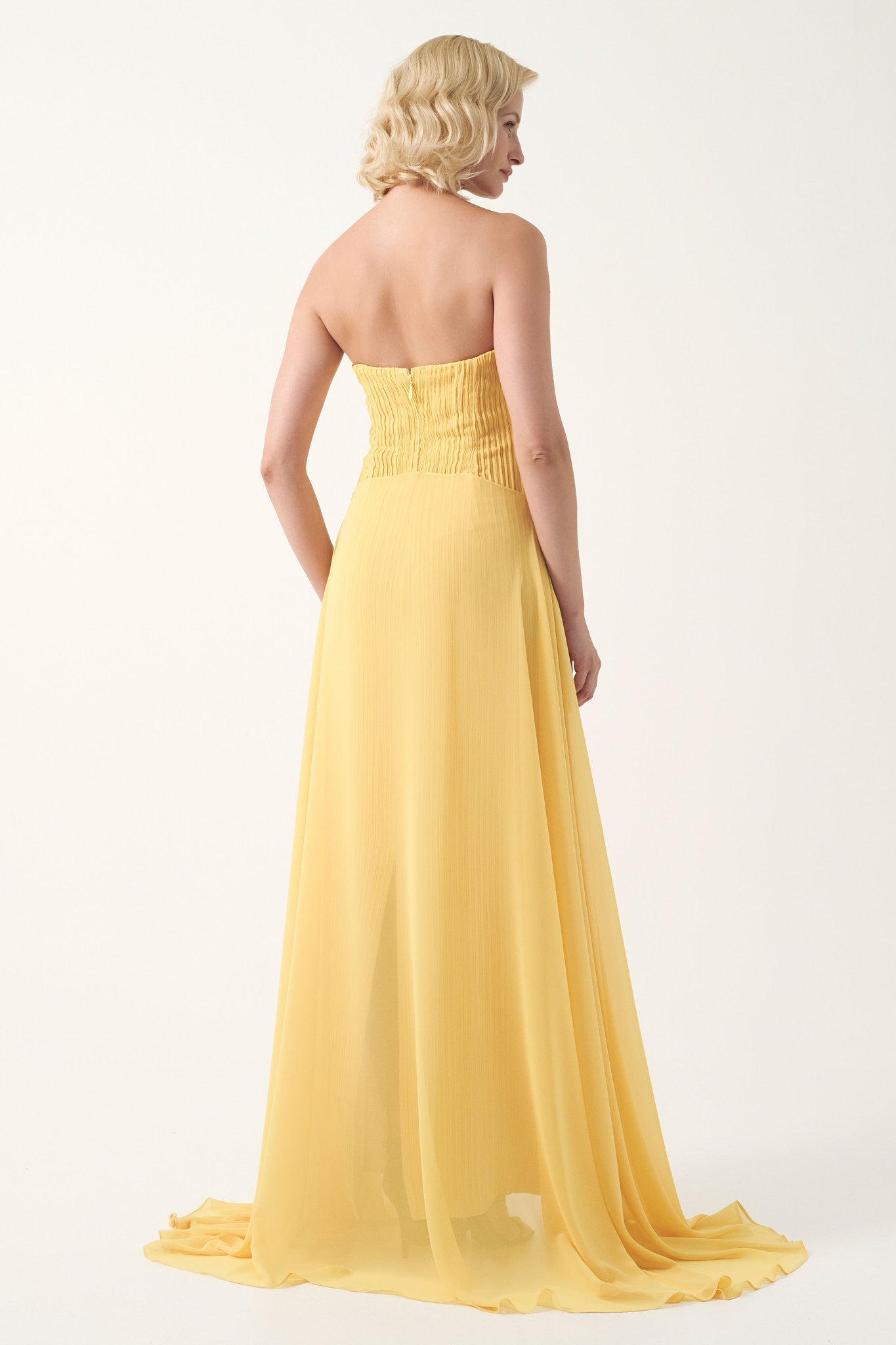 Folded neckline pleated strapless With Train From Waist long dress
