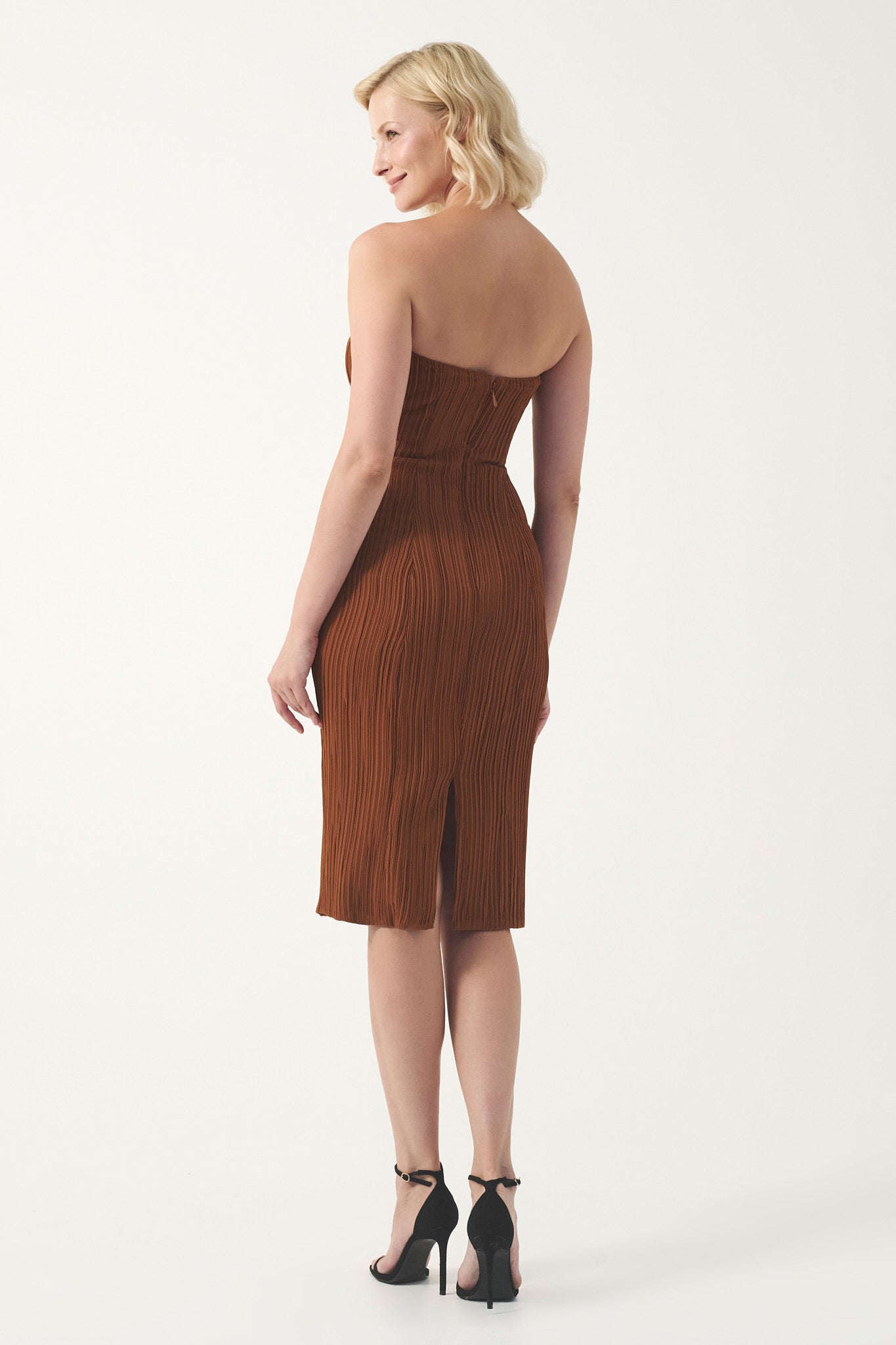 Pleated strapless midi length cocktail dress