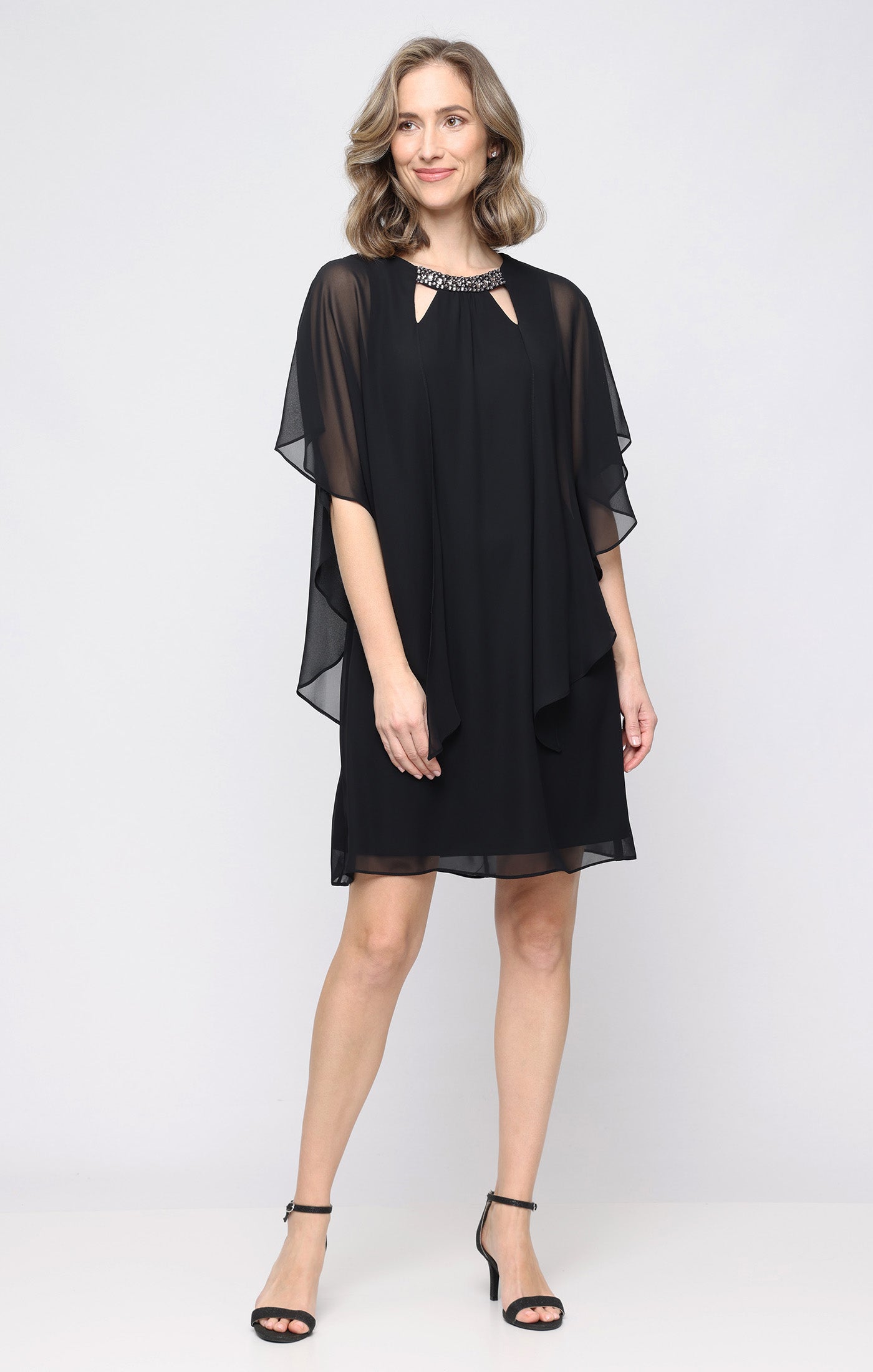 Short Shift Dress With Embellished Cutout Neckline and Capelet Cascade Sleeves
