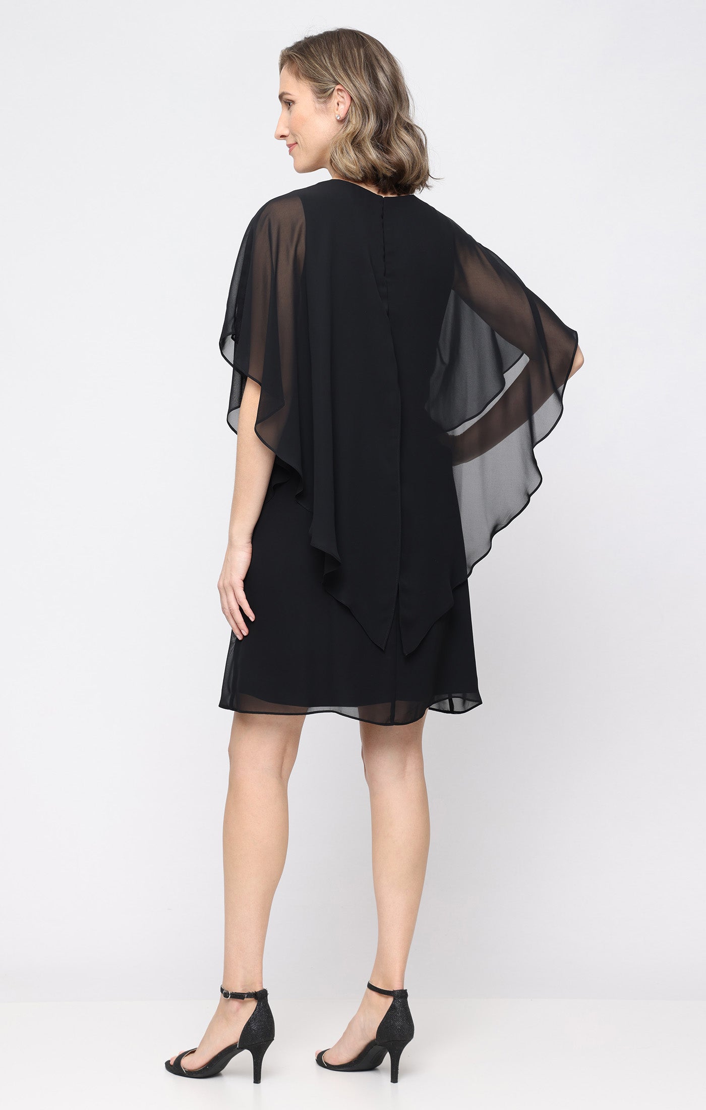 Short Shift Dress With Embellished Cutout Neckline and Capelet Cascade Sleeves