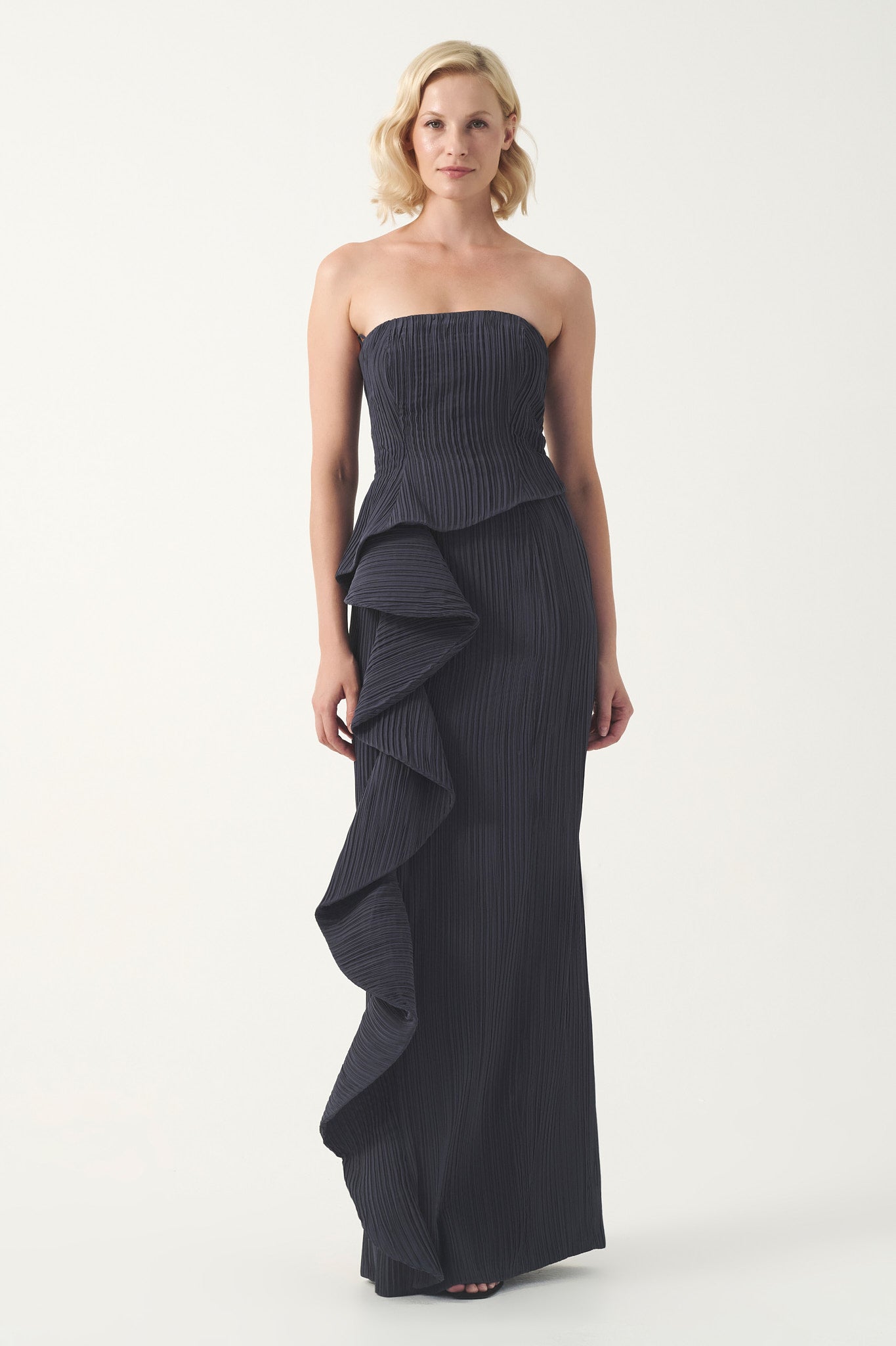 Strapless Ruffle Detail Long Pleated Dress