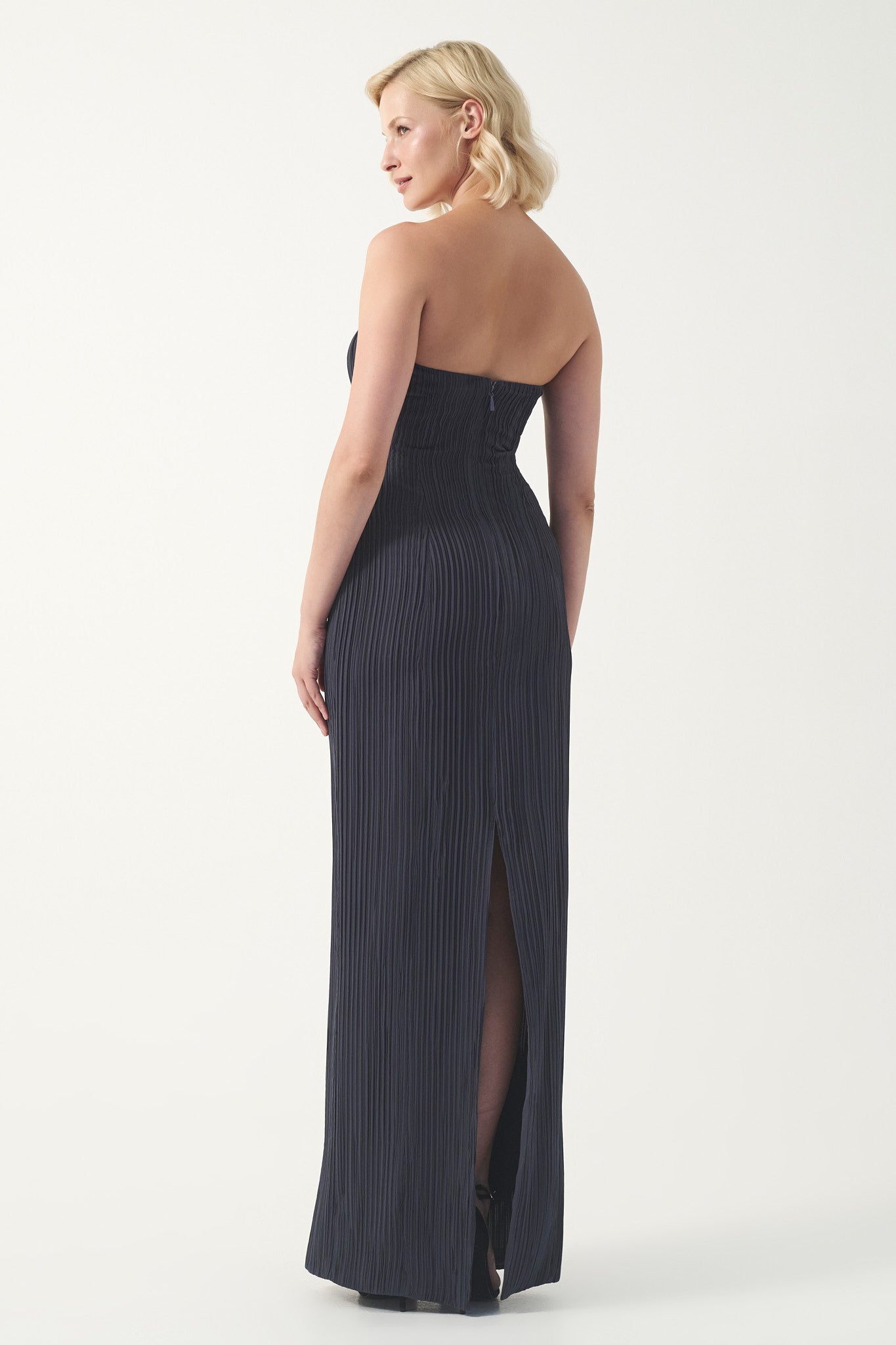 Strapless Ruffle Detail Long Pleated Dress