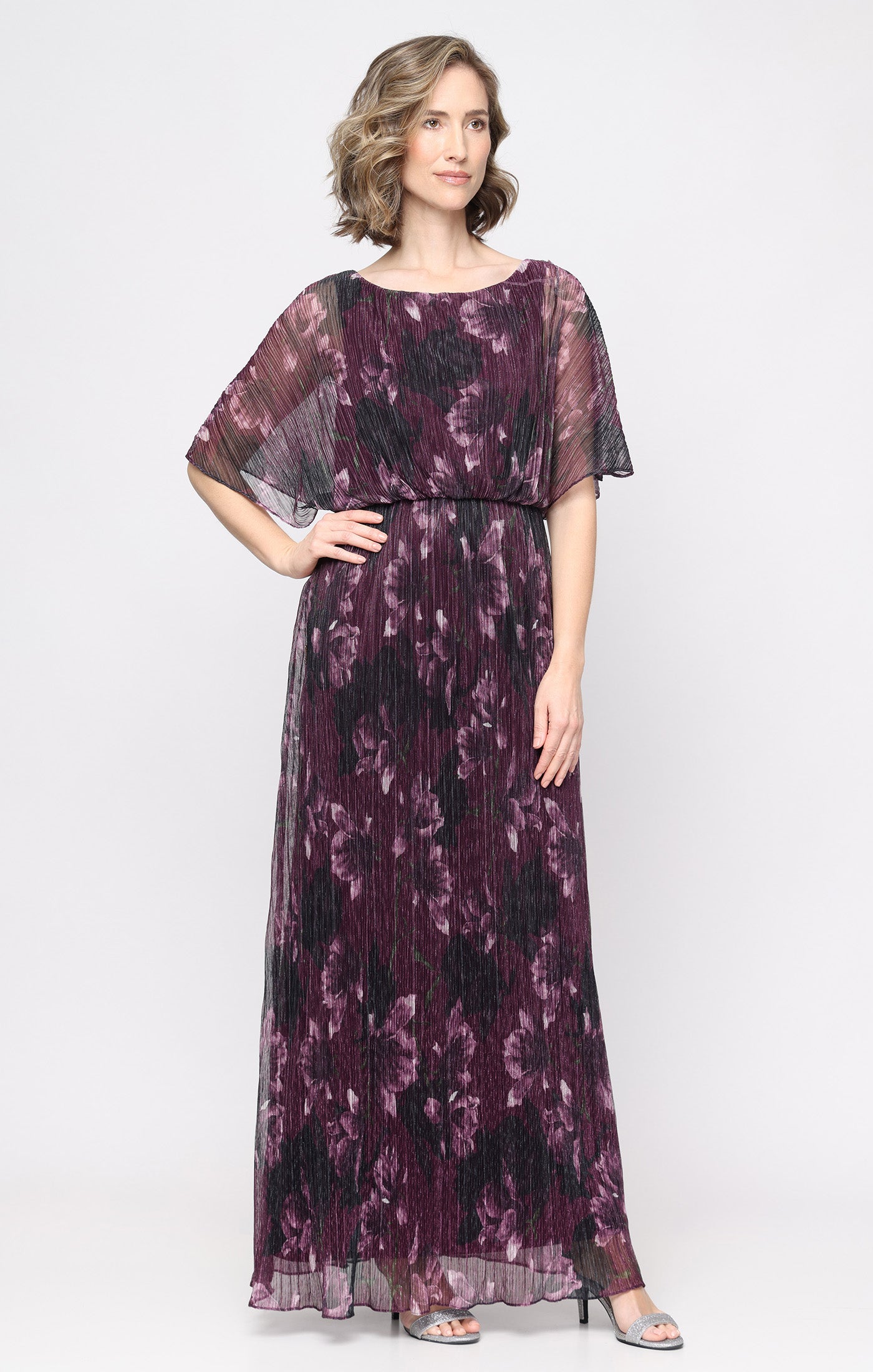 Long Printed Bodre Column Dress with Blouson Bodice