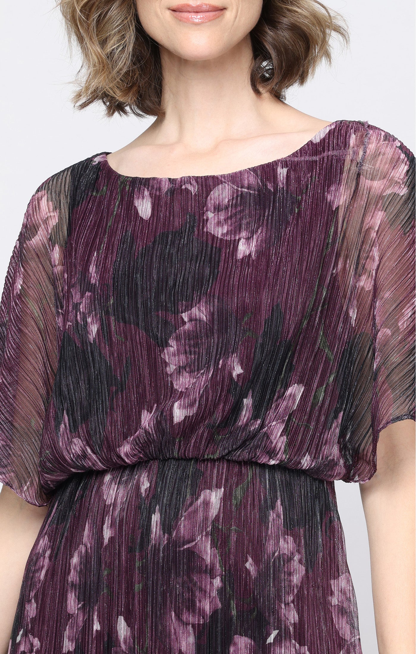 Long Printed Bodre Column Dress with Blouson Bodice