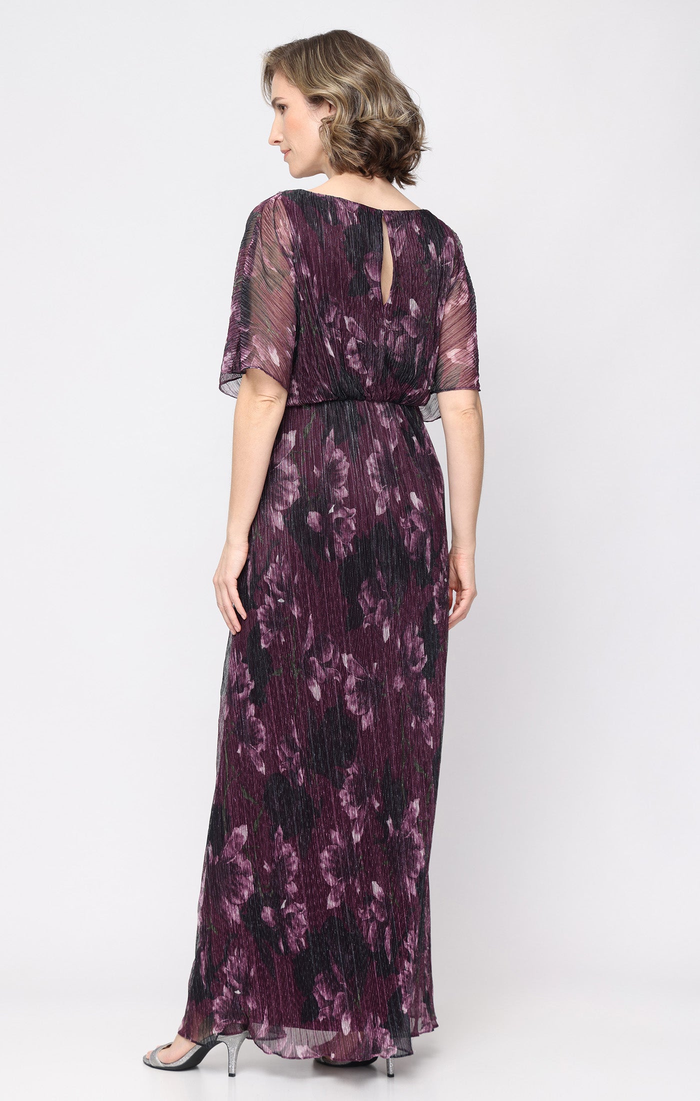 Long Printed Bodre Column Dress with Blouson Bodice