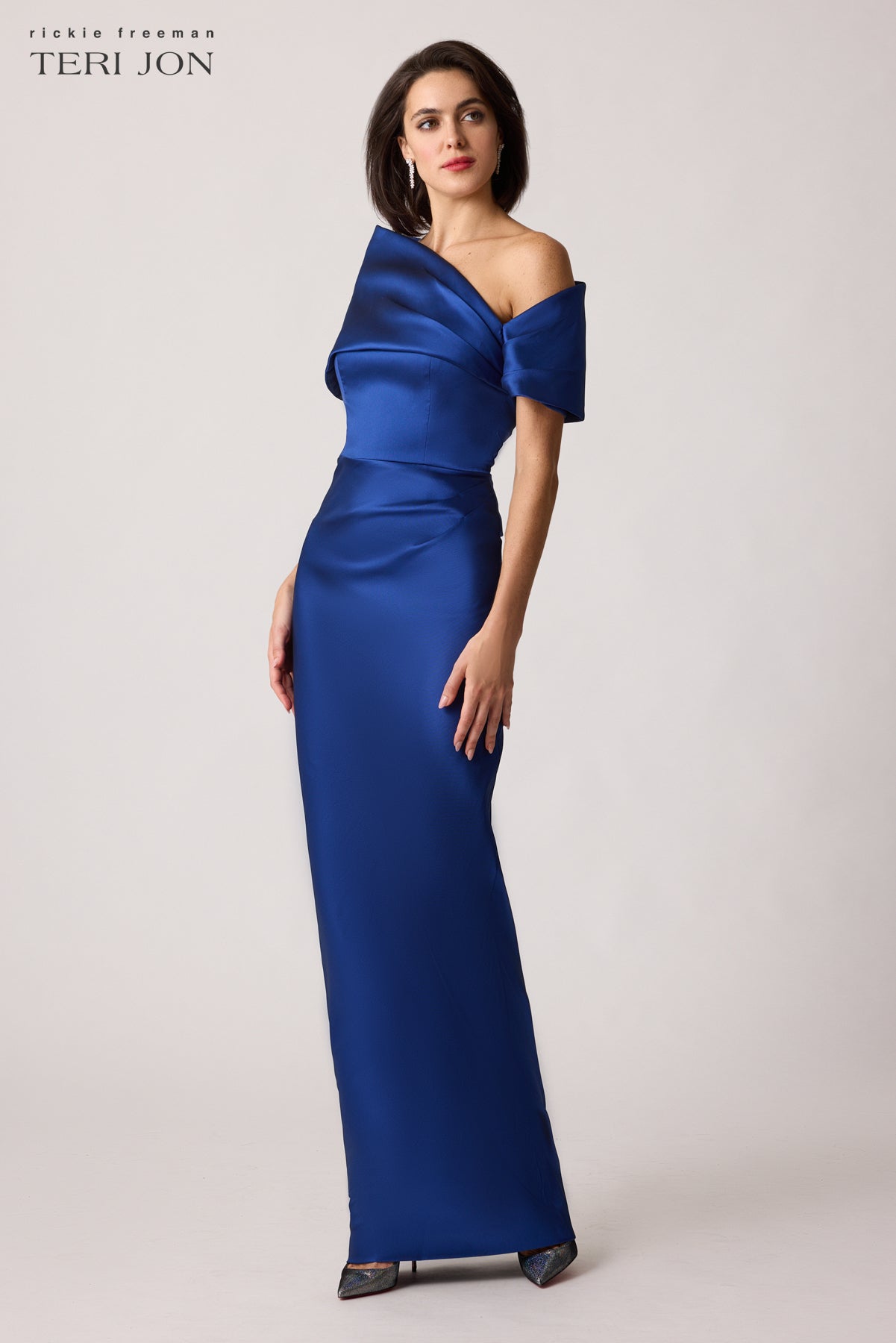 Stretch Mikado Asymmetrical Off Shoulder Cuff Gown