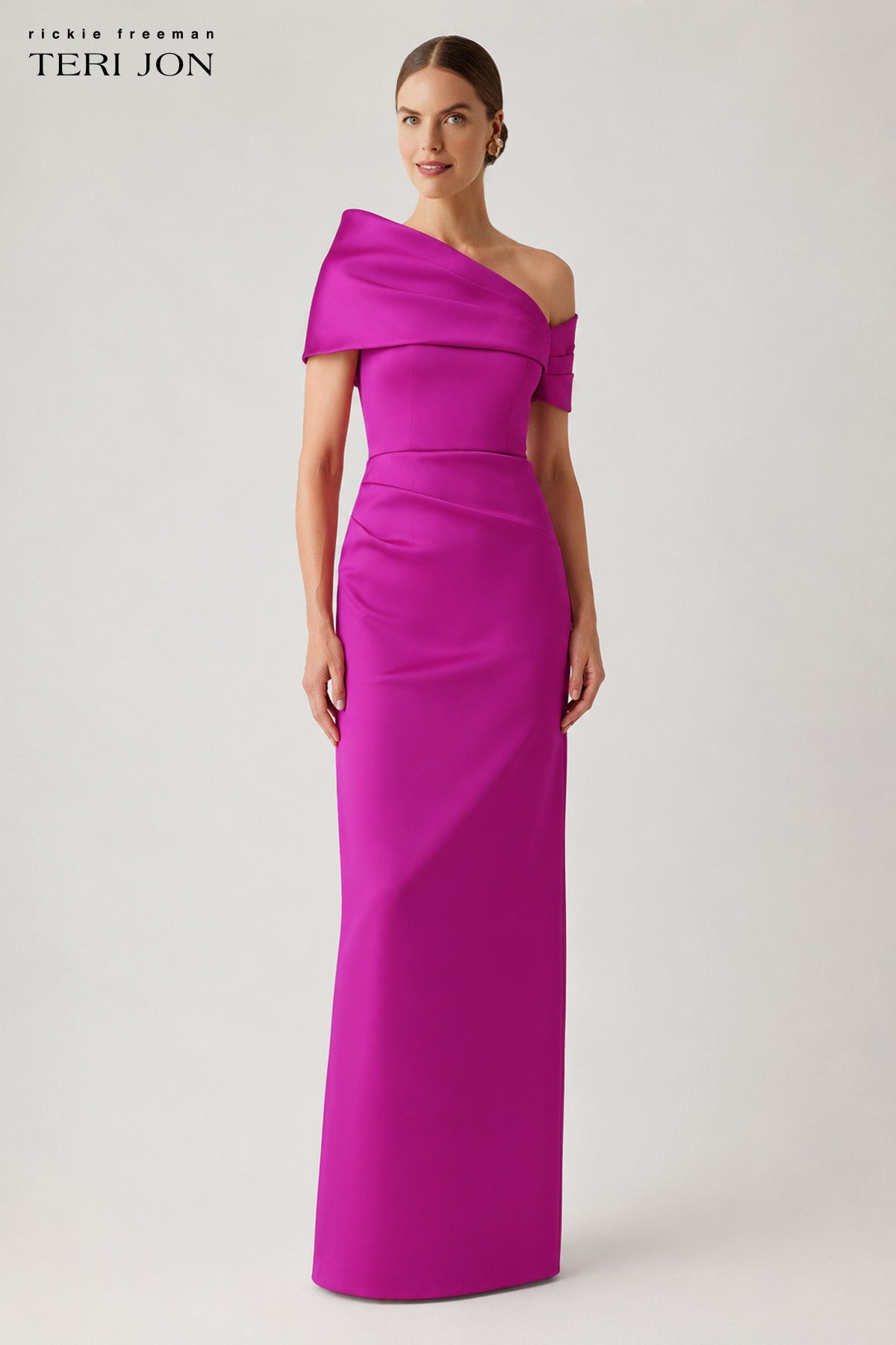 Stretch Mikado Asymmetrical Off Shoulder Cuff Gown