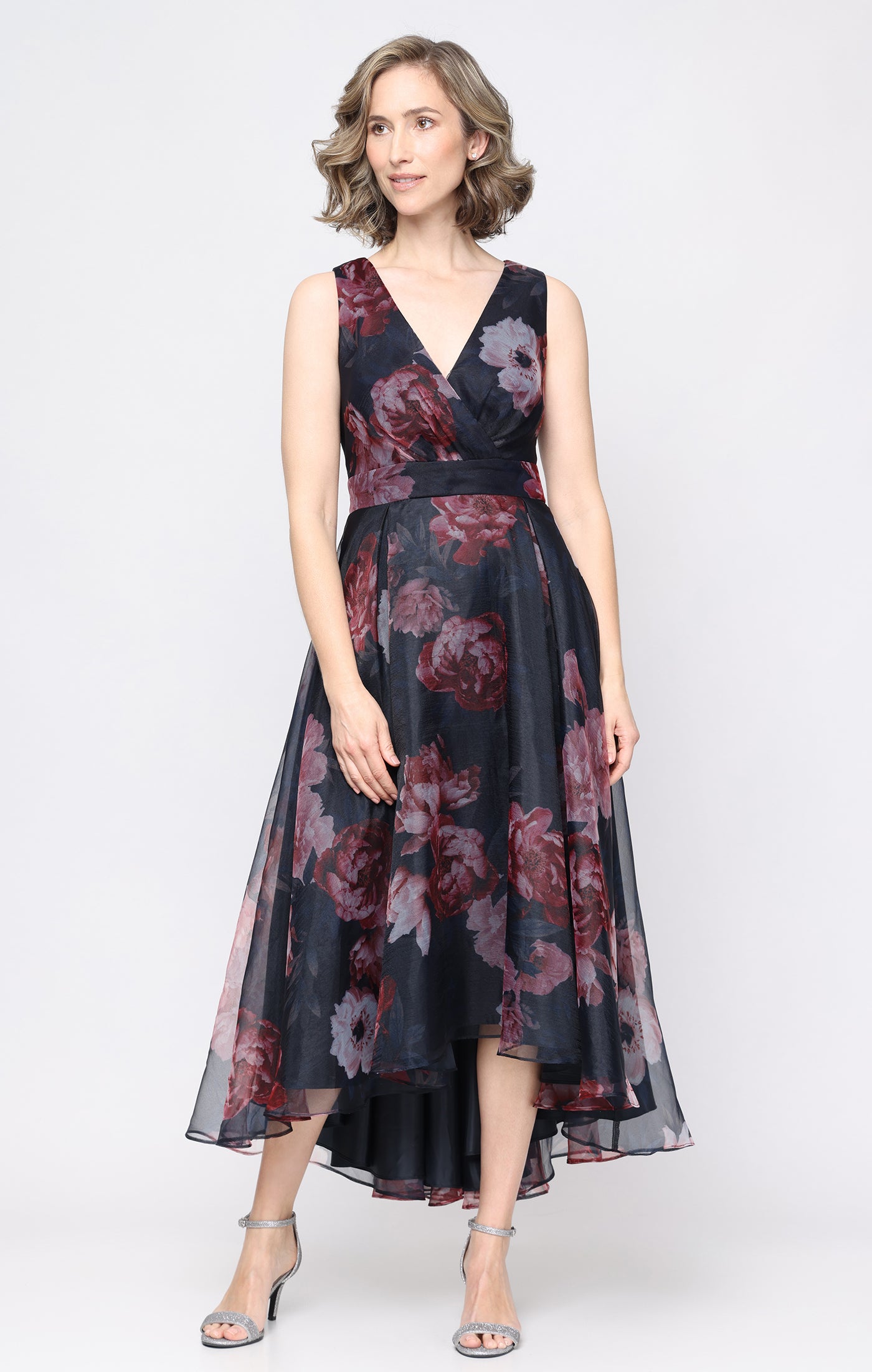 Sleeveless High/Low Printed Ogranza Dress with Surplice Neckline