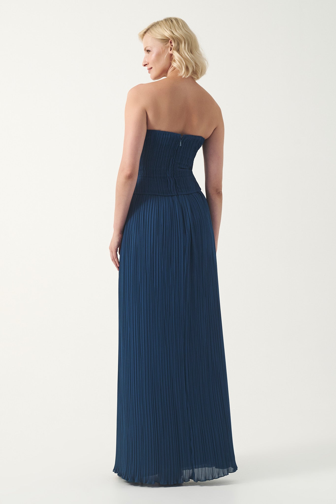 Pleated strapless column floor-length dress