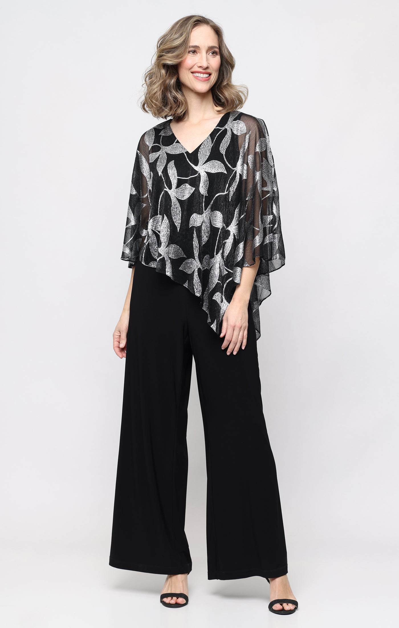 Matte Jersey Jumpsuit with Foil Shimmer Asymmetric Overlay Bodice