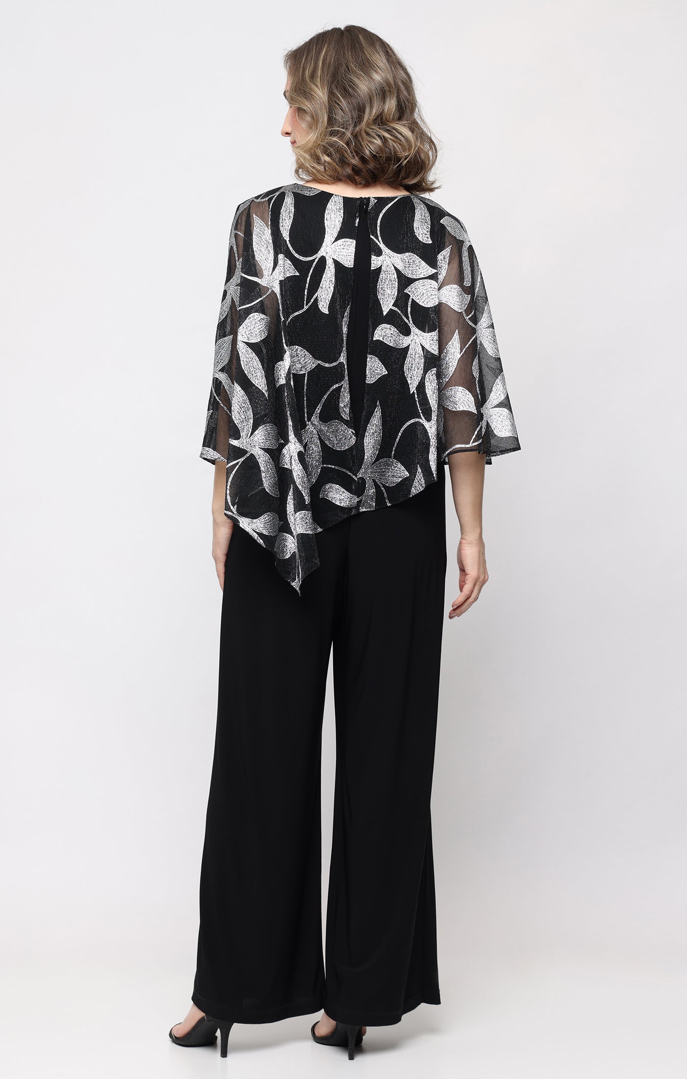 Matte Jersey Jumpsuit with Foil Shimmer Asymmetric Overlay Bodice