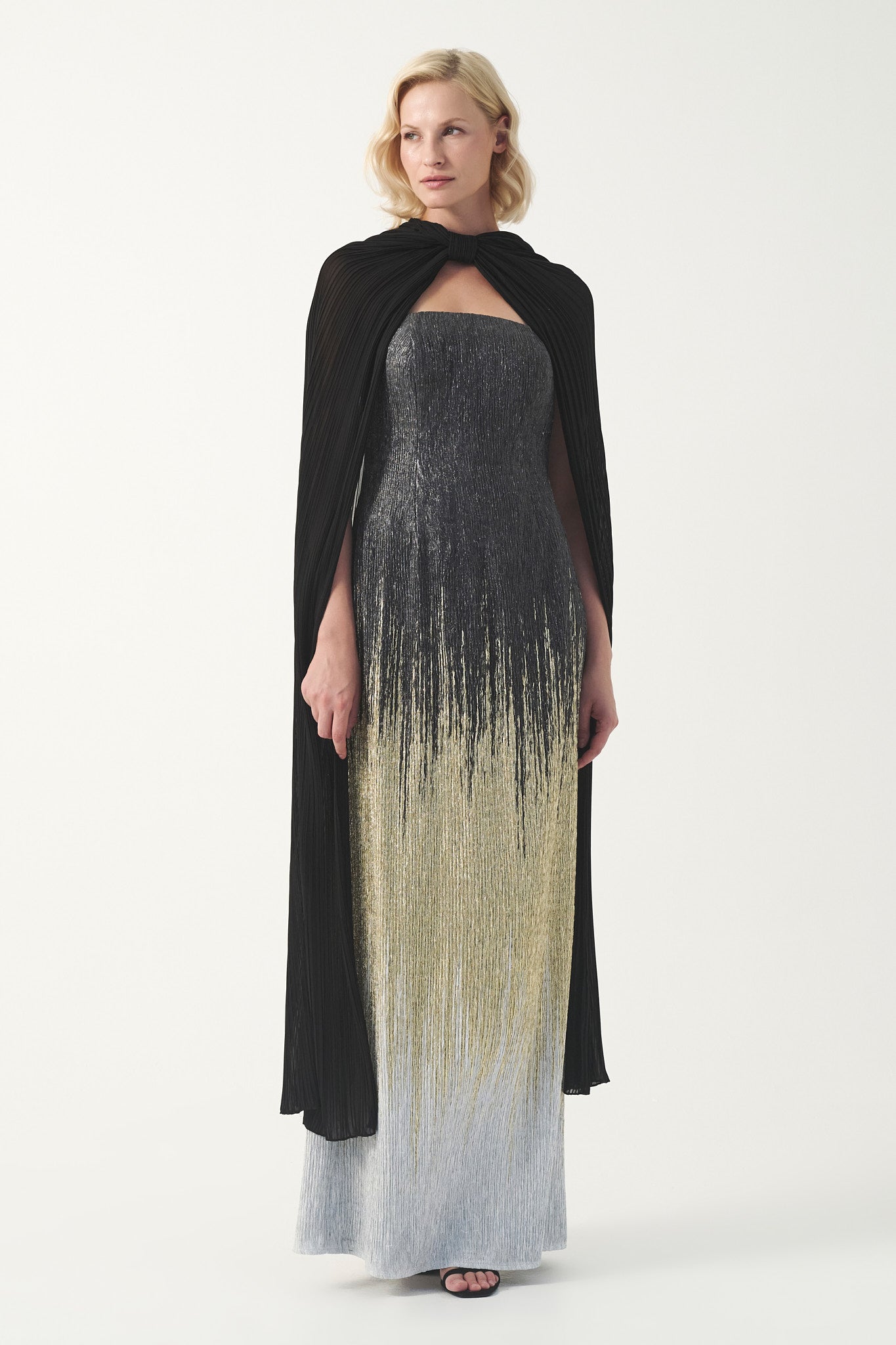 Strapless column long dress with pleated cape