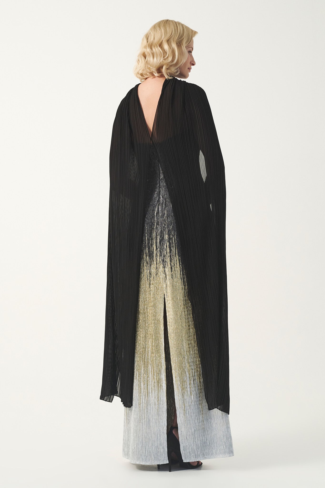 Strapless column long dress with pleated cape