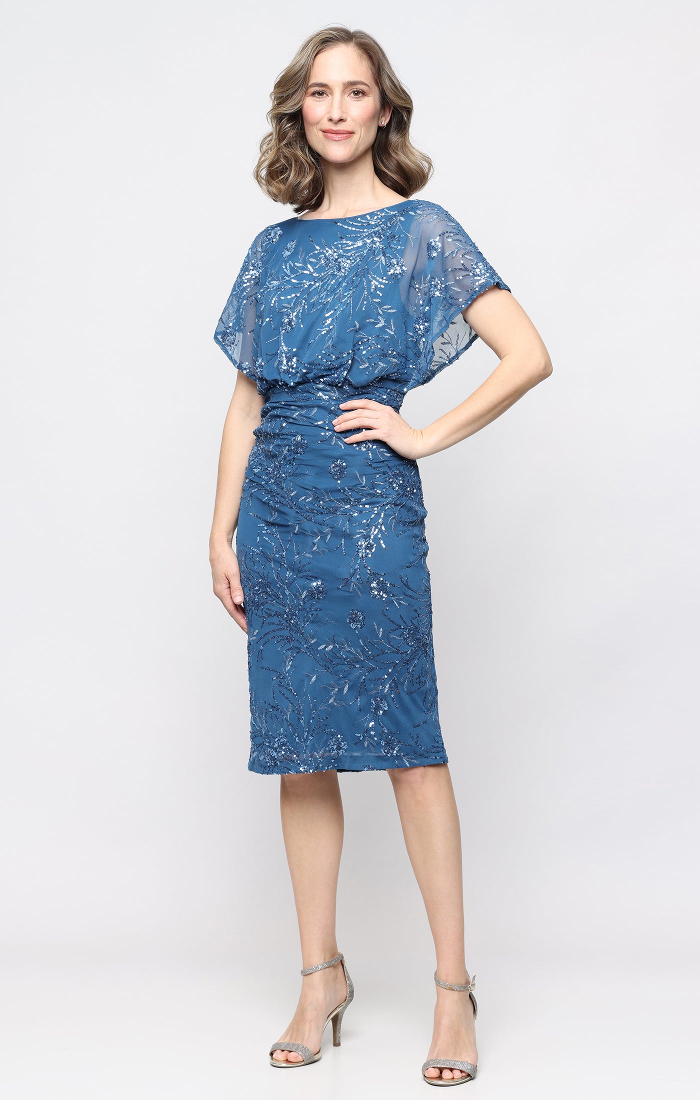 Short Embroidered Stretch Tulle Blouson Dress with Sequin Detail